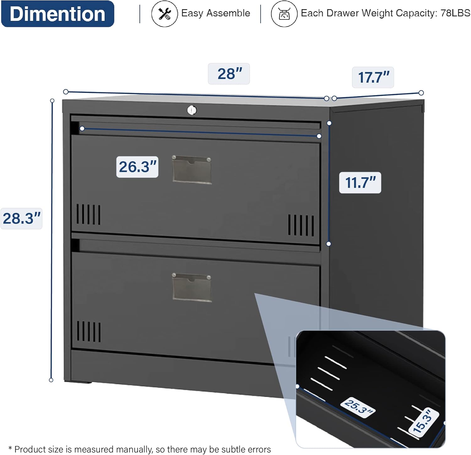 Archivador lateral con cerradura, archivador vertical de 2 cajones, archivador horizontal de metal con ranura para tarjetas para oficina en casa,
