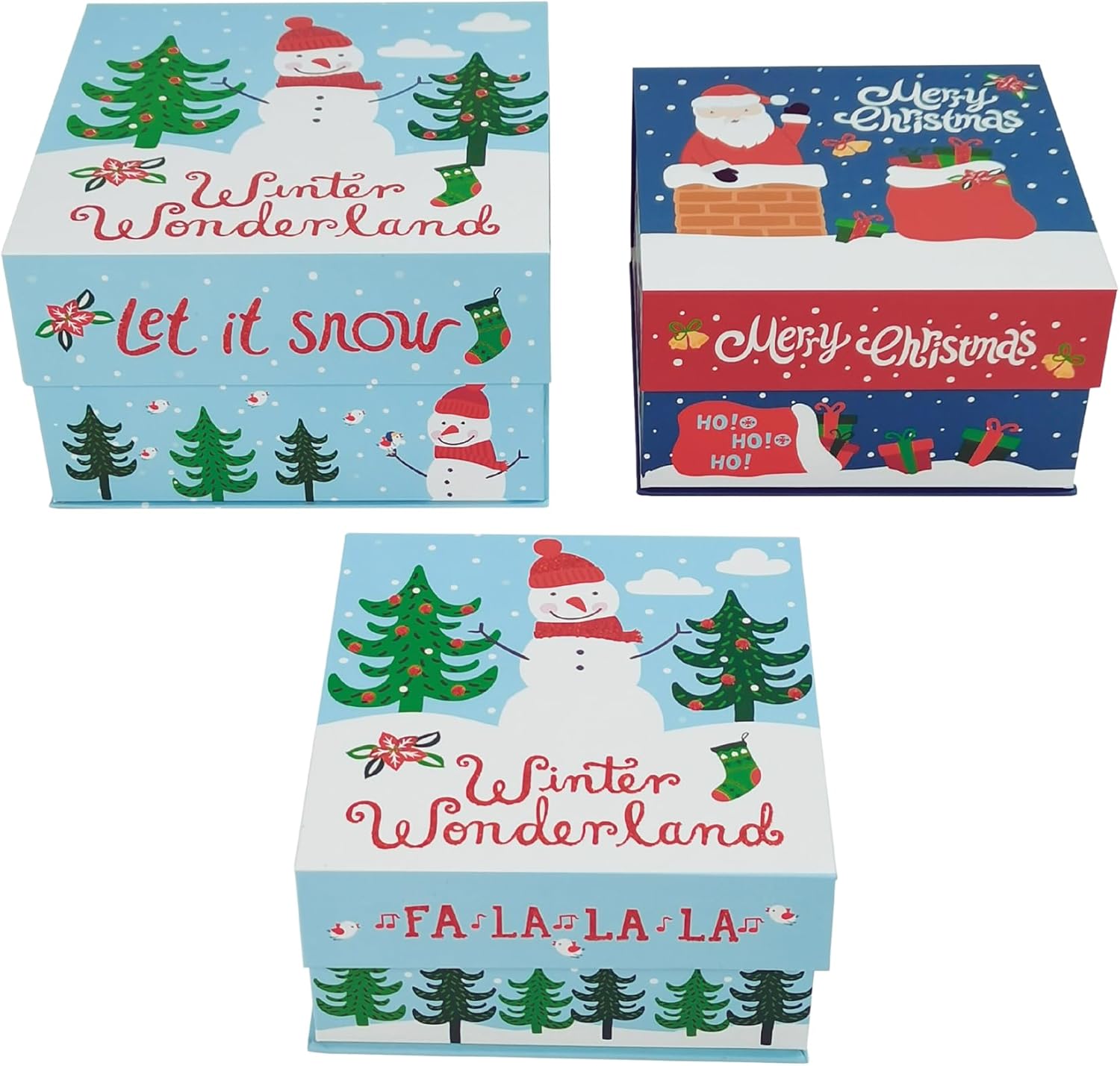 VOTUM Juego de 3 cajas de almacenamiento anidables para las fiestas, contenedores decorativos de cartón apilables con tapas ajustadas y refranes de