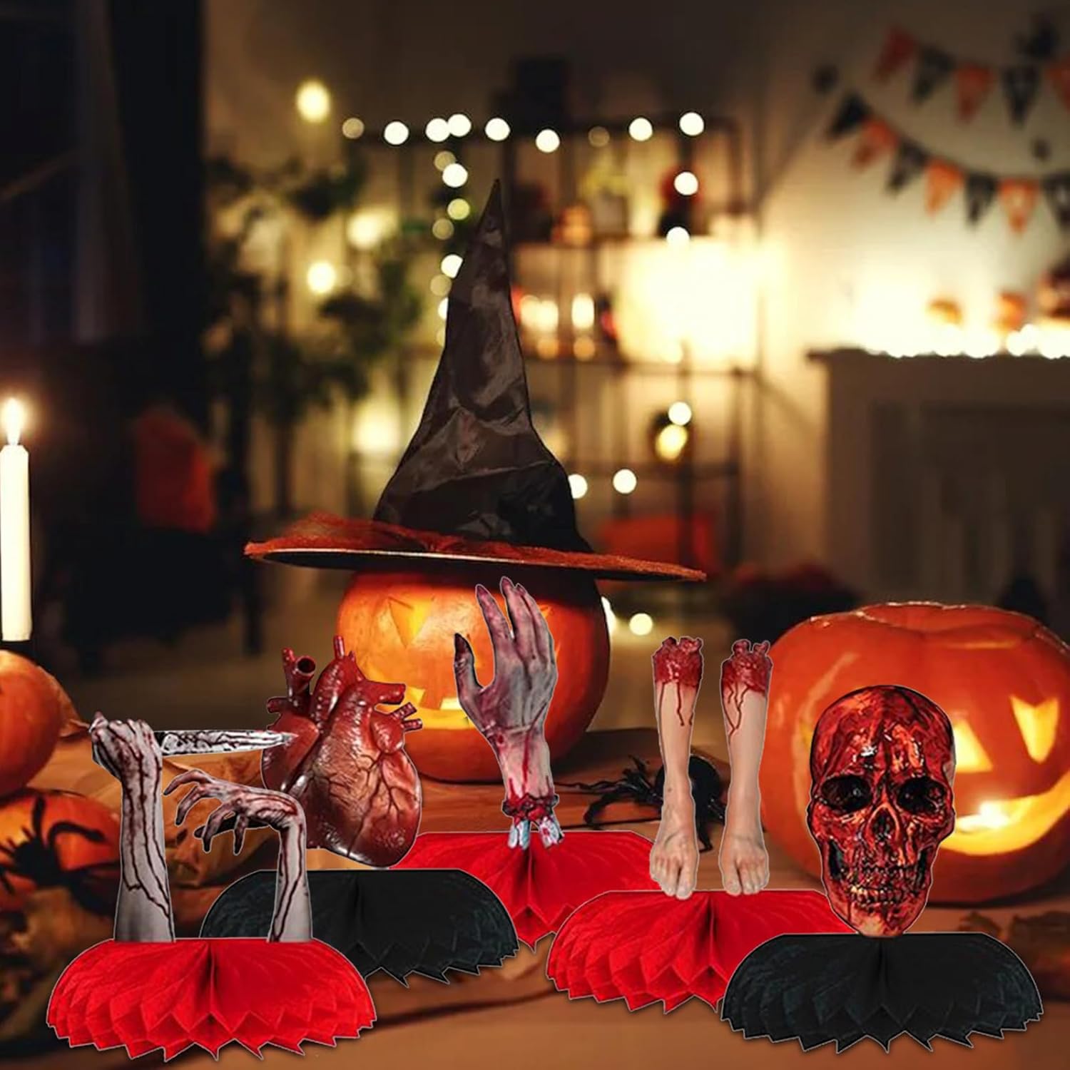 Dulousia Centros de mesa sangrientos de Halloween, 8 piezas 3D espeluznantes partes del cuerpo roto de panal, decoración de mesa de cadáver