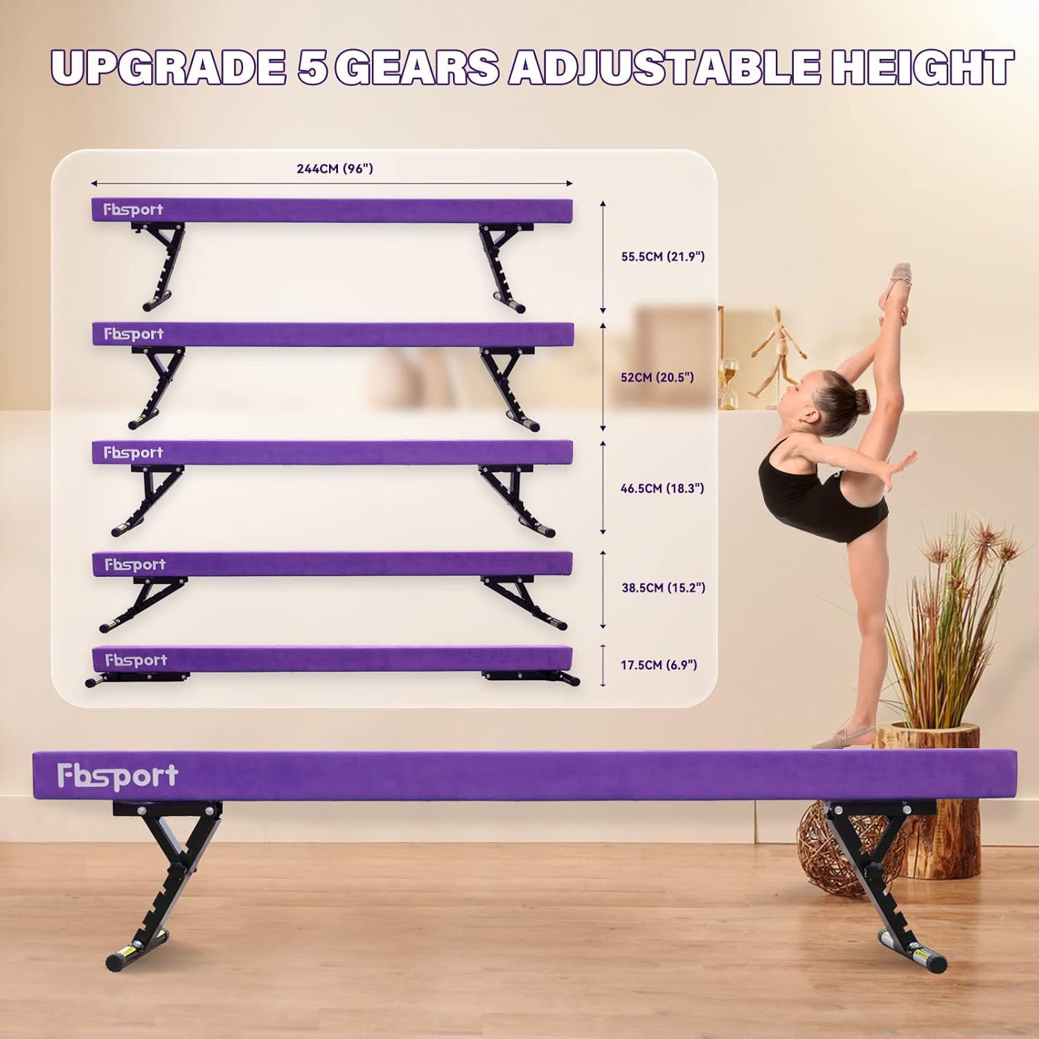 FBSPORT Haz de equilibrio ajustable de 8 pies equipo de gimnasia de haz alto y bajo para niños y adultos, haz de gimnasia para entrenamiento,
