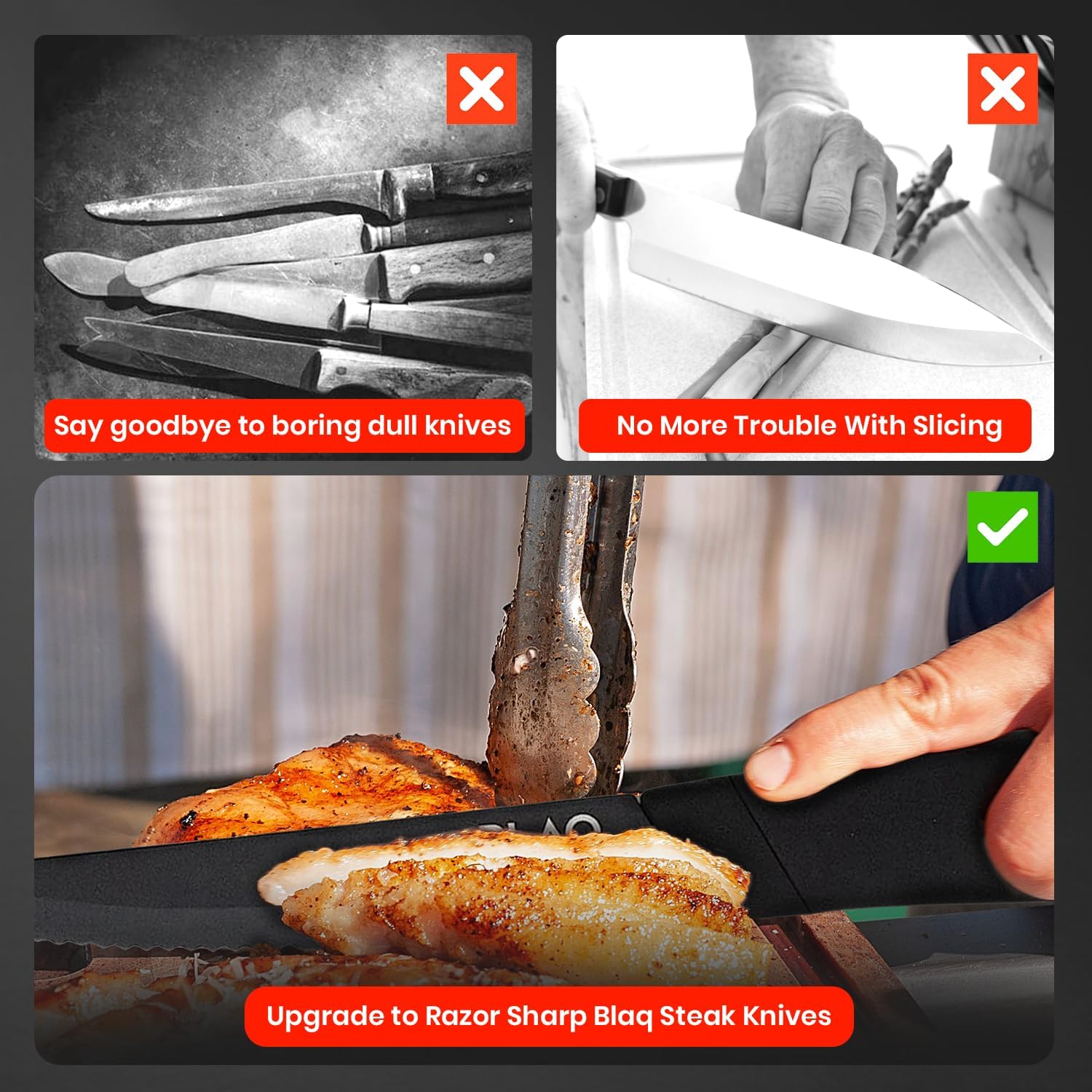 BLAQ Juego de 4 cuchillos para carne, cuchillos alemanes de acero inoxidable dentado con asas ergonómicas, aptos para lavavajillas, cuchillos para