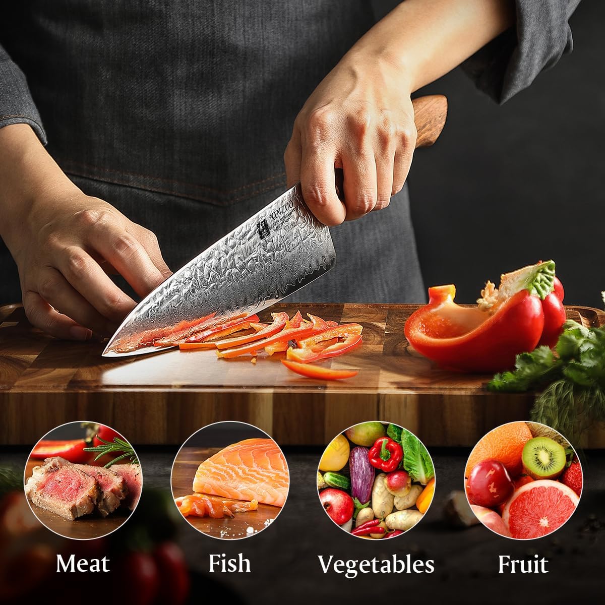 XINZUO Cuchillo de chef de acero de Damasco de 8.3 pulgadas, 110 capas, cuchillo de cocina profesional forjado a mano, espiga completa, cuchillo