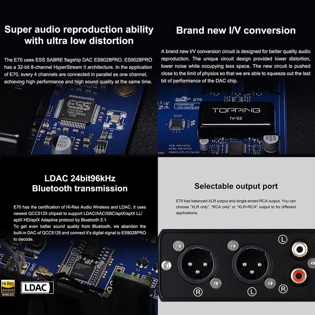 Topping E70 HiFi DAC ES9028Pro XU316 DSD512 32bit768kHz DAC Bluetooth 5.1USBOptEntrada coaxial Salida RCAXLR Audio para el hogar Digital Hi-Res DAC