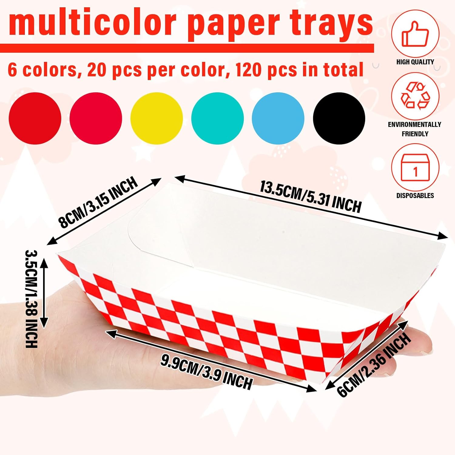 Mifoci 120 bandejas desechables de 1 libra para alimentos de papel a cuadros, botes de comida coloridos, soporte para hamburguesas de cartón,