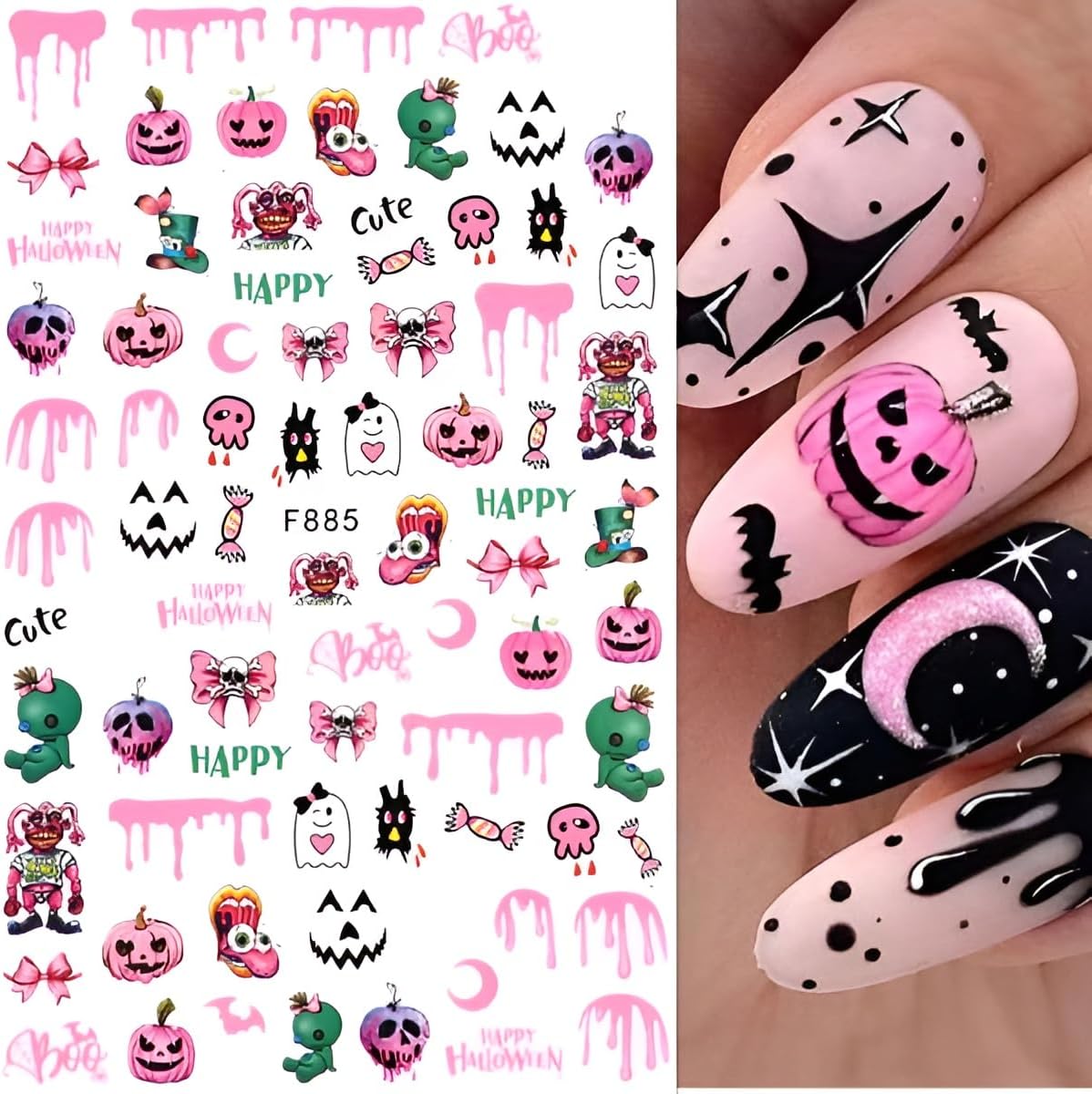 8 hojas de calcomanías de arte de uñas de Halloween, diseño de calavera rosa, fantasma, araña, calabaza, calabaza, suministros de arte de uñas,