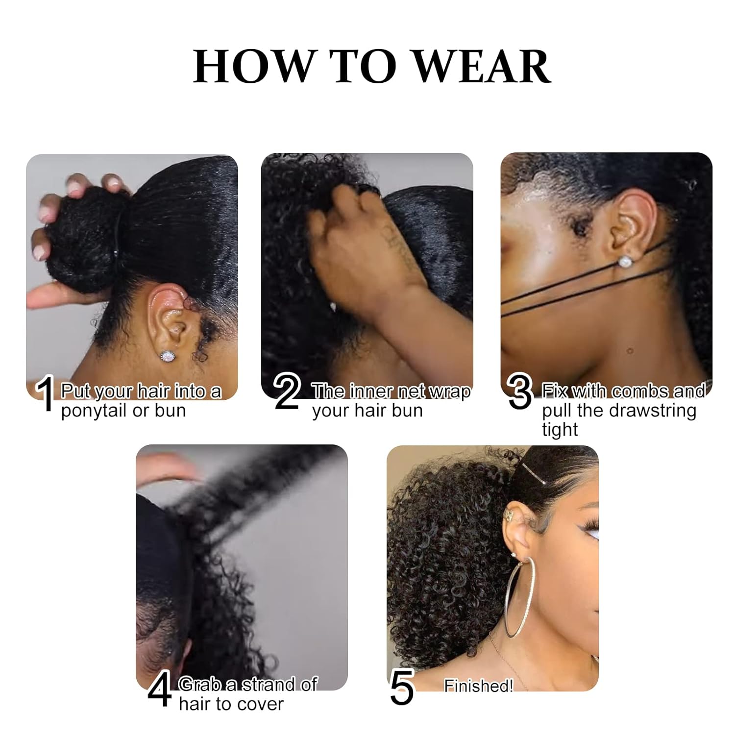Lacer Cola de caballo larga rizada para mujeres negras, 100% cabello humano real, 3B 3C, estilo protector, cordón, extensiones de cabello con clip,