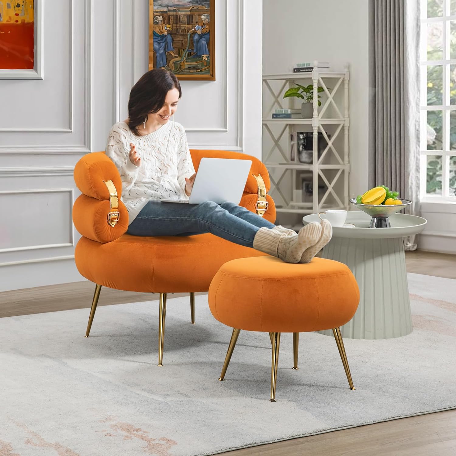 Antetek Silla decorativa moderna de terciopelo con otomana, sillón tapizado con elegante decoración dorada, cómoda silla de descanso para sala de