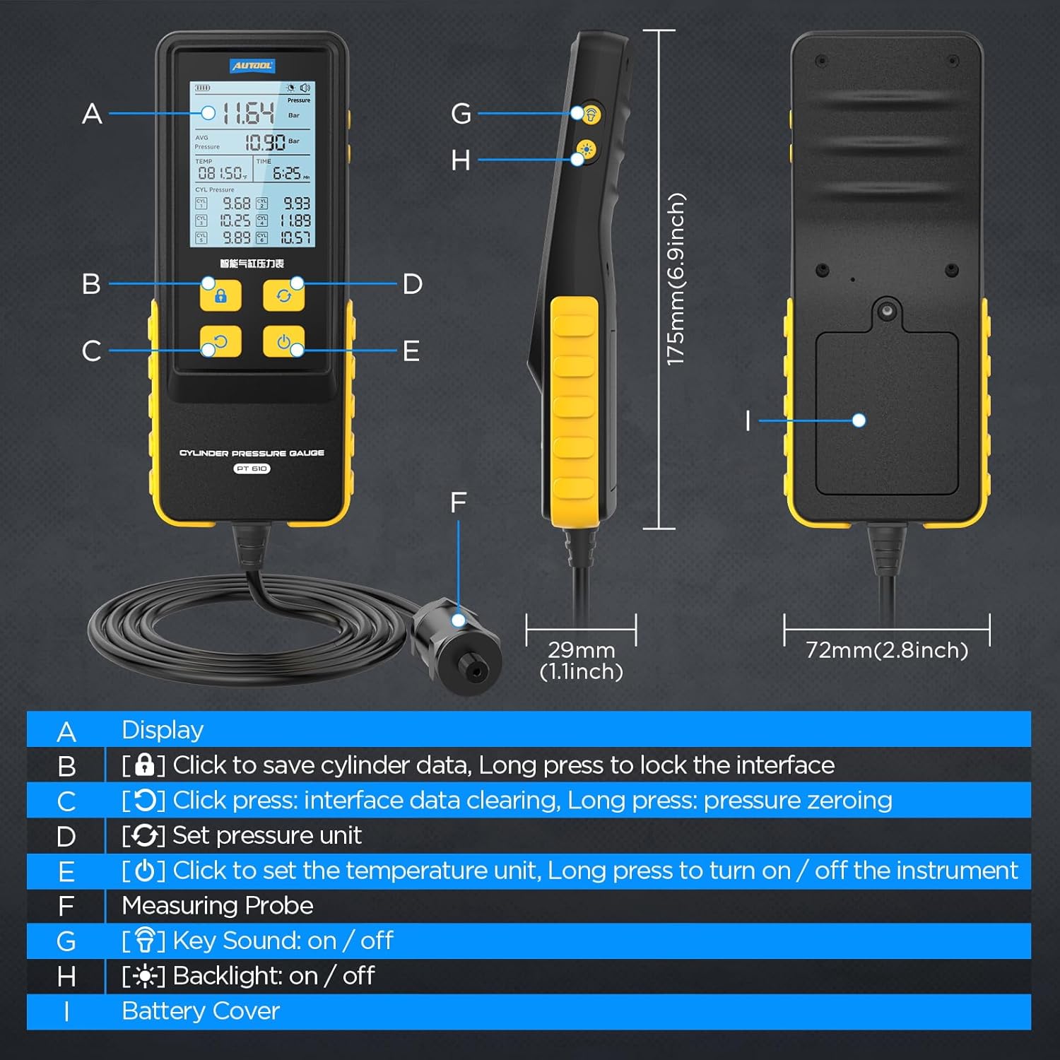 AUTOOL Medidor de compresión digital de 0-426PSI 0  29bar para cilindro de motor de gasolina, kit de herramientas de prueba de compresión con
