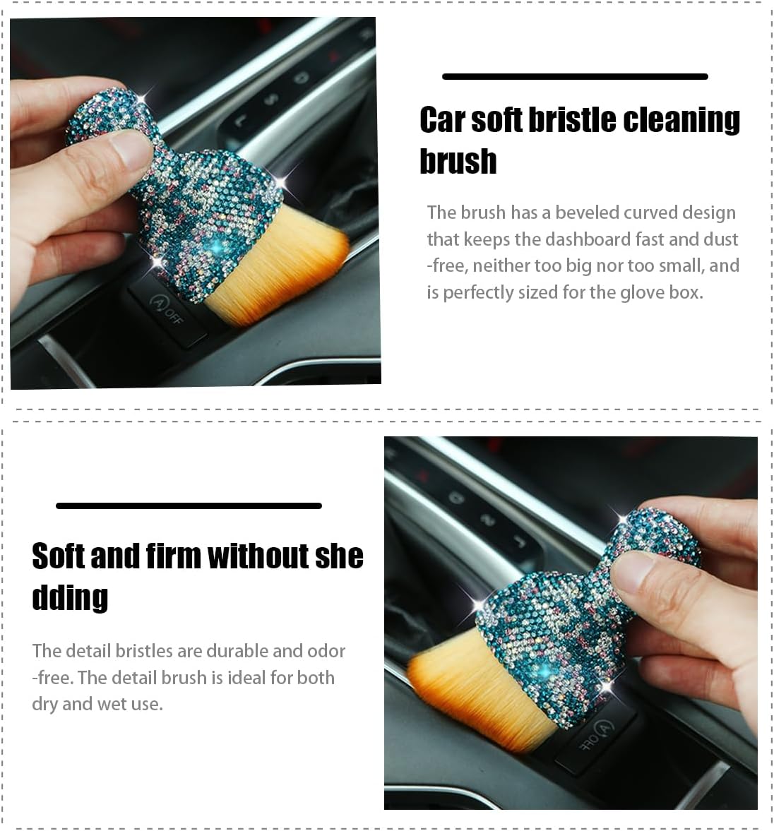 Cepillo de polvo para interior de automóvil, cepillo de limpieza para detalles de automóvil con diamante, mango brillante, herramienta de polvo de