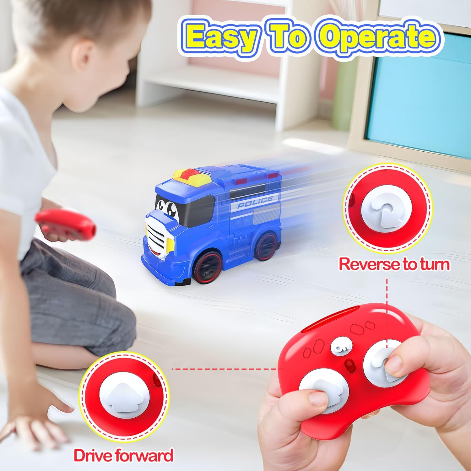 Auto a control remoto para niños pequeños, juguetes ideales para niños de 2 a 3 años, primer auto de policía a control remoto con sirenas y luces,