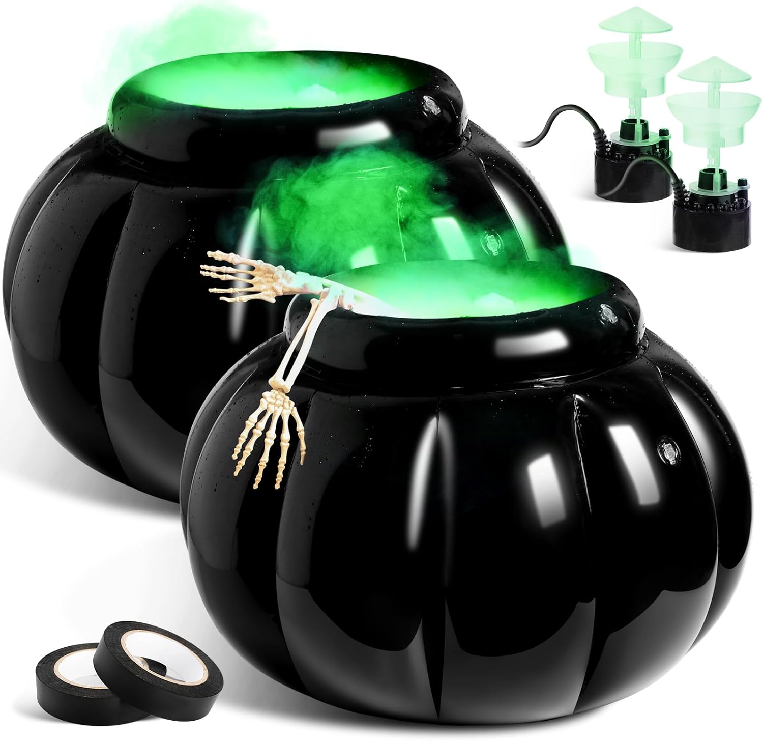 2 unidades de caldero inflable de Halloween con fabricante de niebla ultrasónica LED y cinta de conductos de 22 x 18 pulgadas, caldero de bruja,