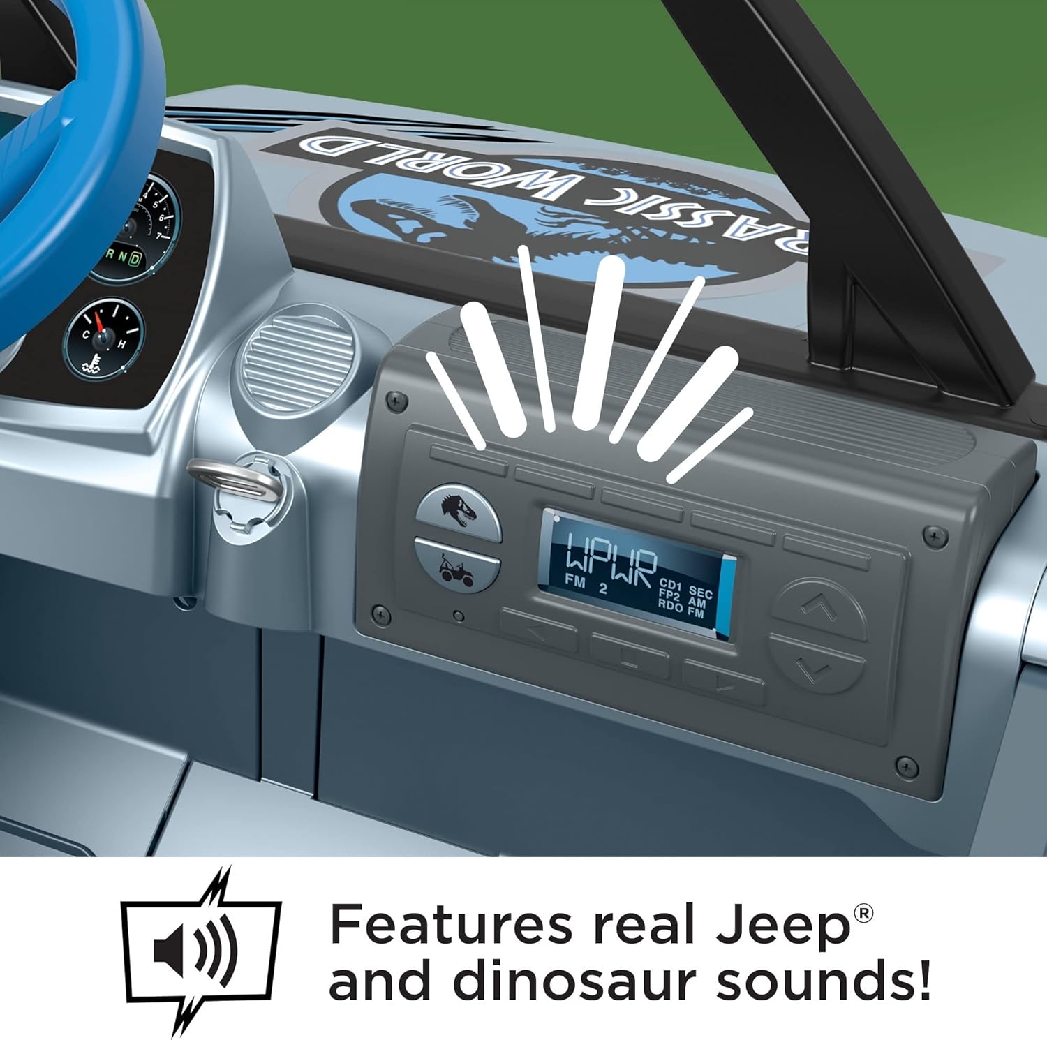 Power Wheels Jurassic World Dino Damage Jeep Wrangler – Juguete para montar con luces, sonidos y dinosaurios, tracción multiterreno, juguete