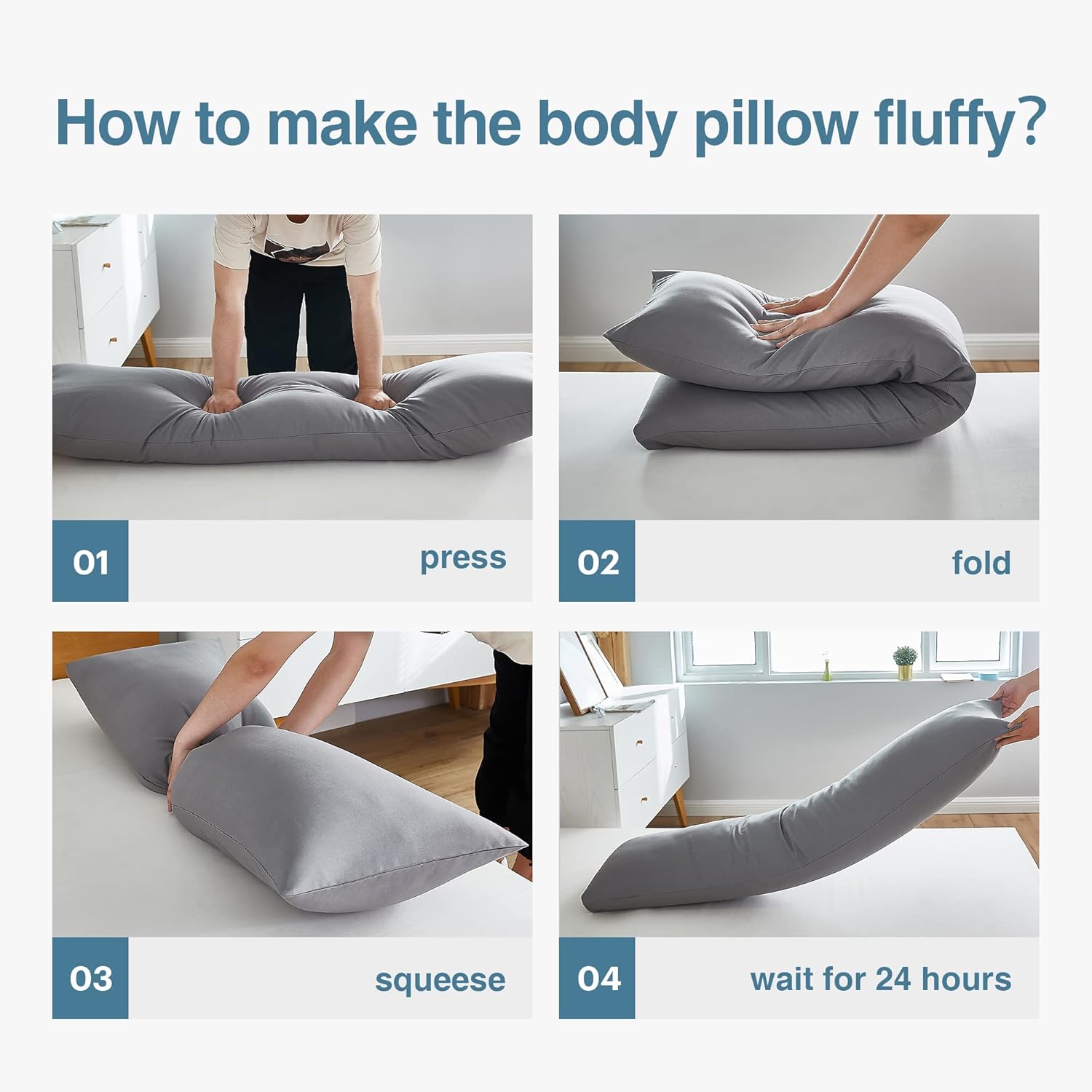 Acanva Almohada de cuerpo para dormir de lado esponjoso, 20 x 60 pulgadas, con funda de almohada gris, color blanco