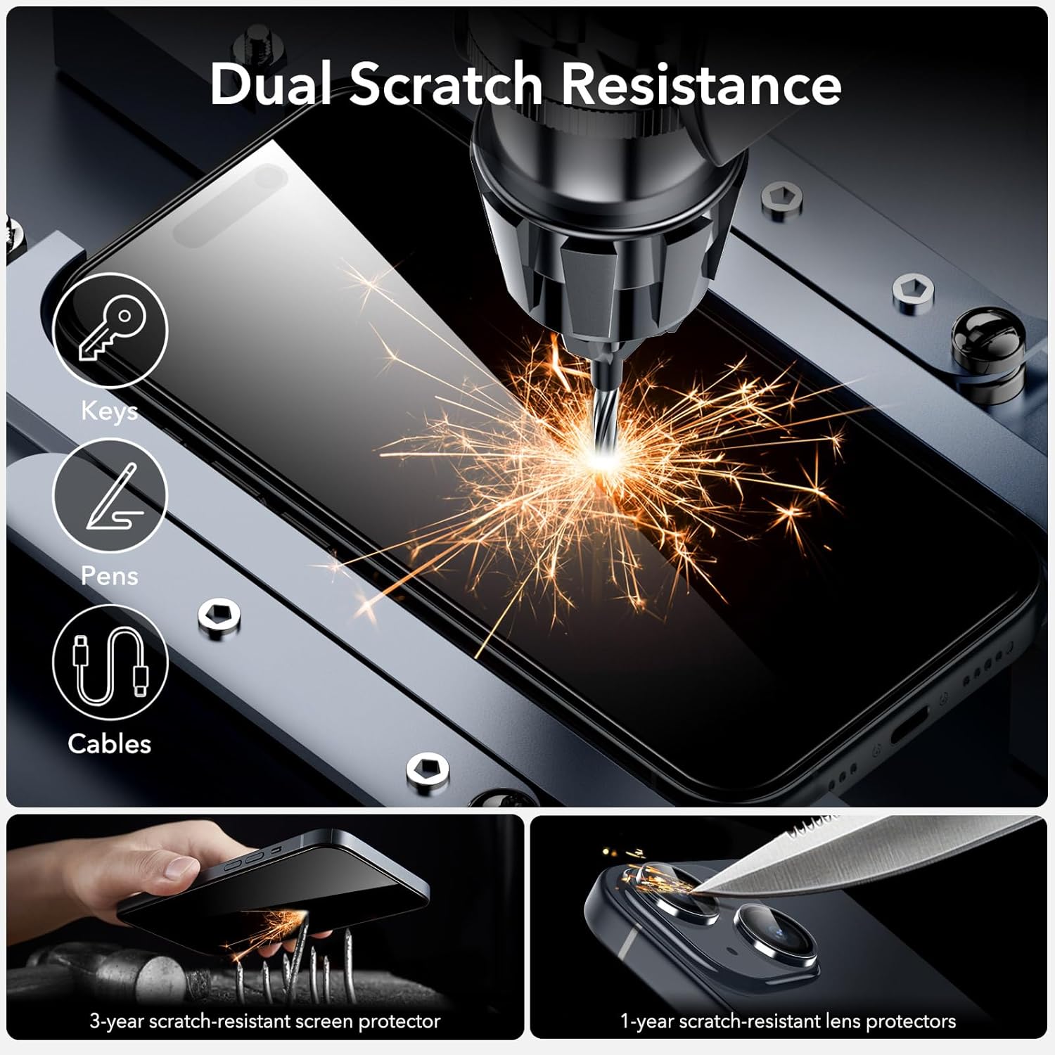 ESR Juego de 3+1 protector de pantalla Armorite para iPhone 15 Plus, vidrio templado ultra resistente, marco de fácil instalación, paquete de 3 con