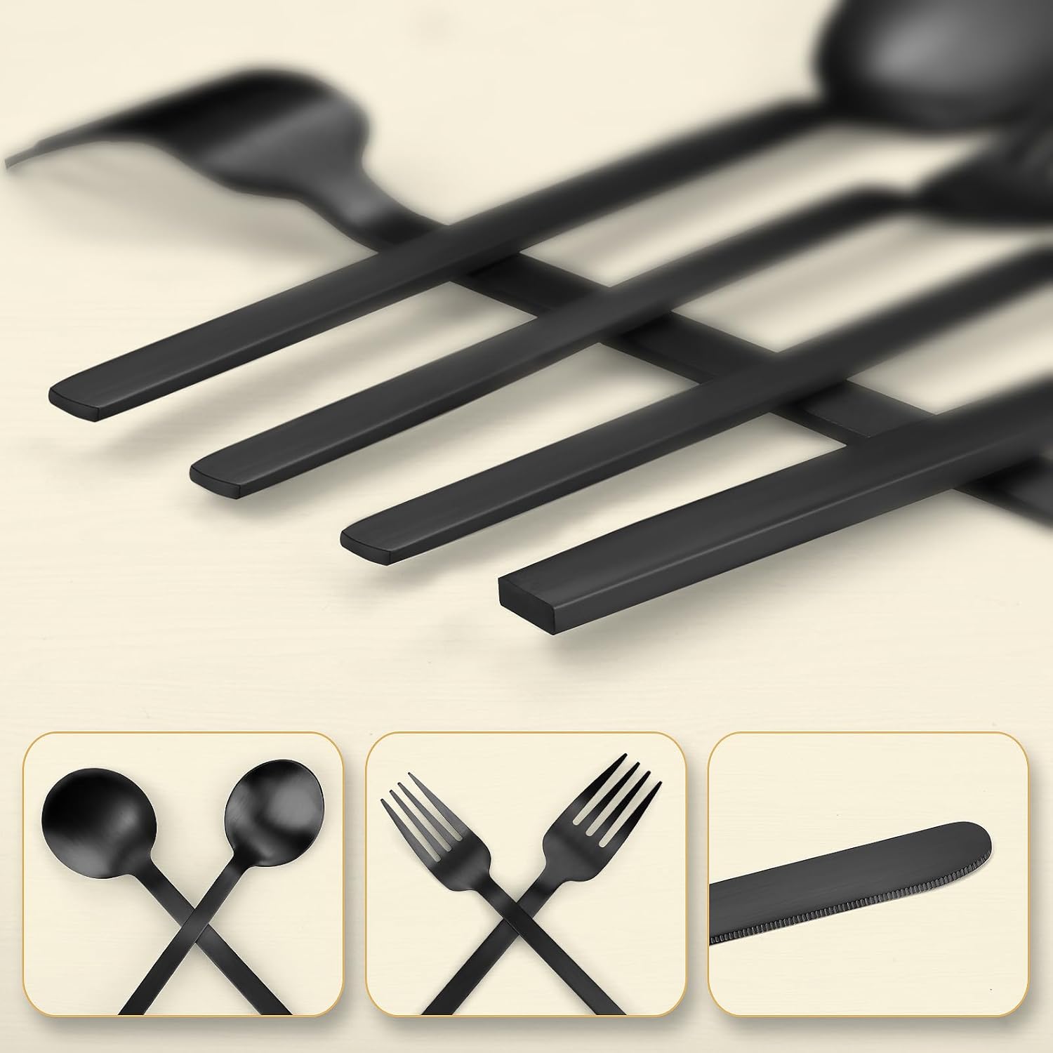 Juego de cubiertos negros de 40 piezas para 8 personas, juego de utensilios de cocina de acero inoxidable, cucharas y tenedores, acabado mate, apto