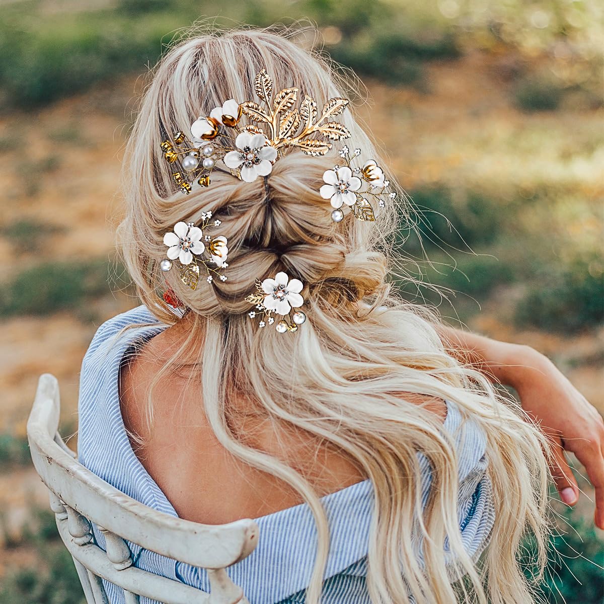 5 pinzas para el pelo de boda con flores de cristal, perlas de cristal, para novias, flores blancas, accesorios dorados para el cabello, joyería de