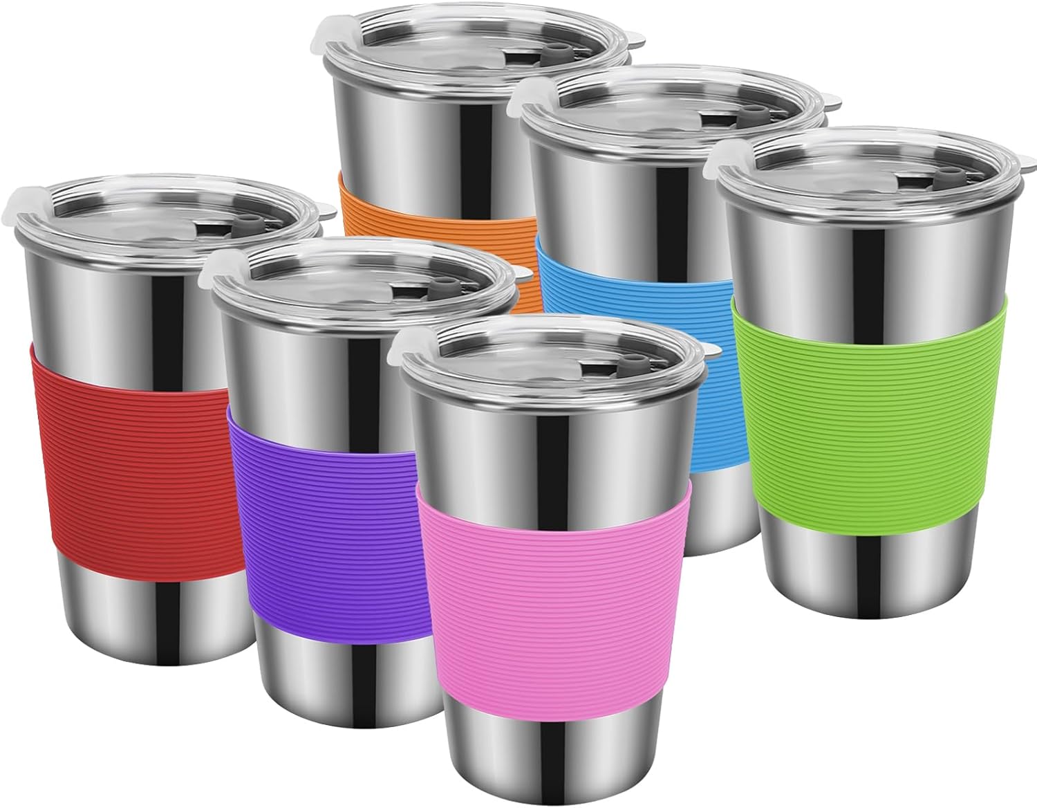 Yummy Sam Paquete de 6 vasos de 16 onzas para niños con tapas a prueba de derrames, de acero inoxidable, irrompibles, aislados, con mangas