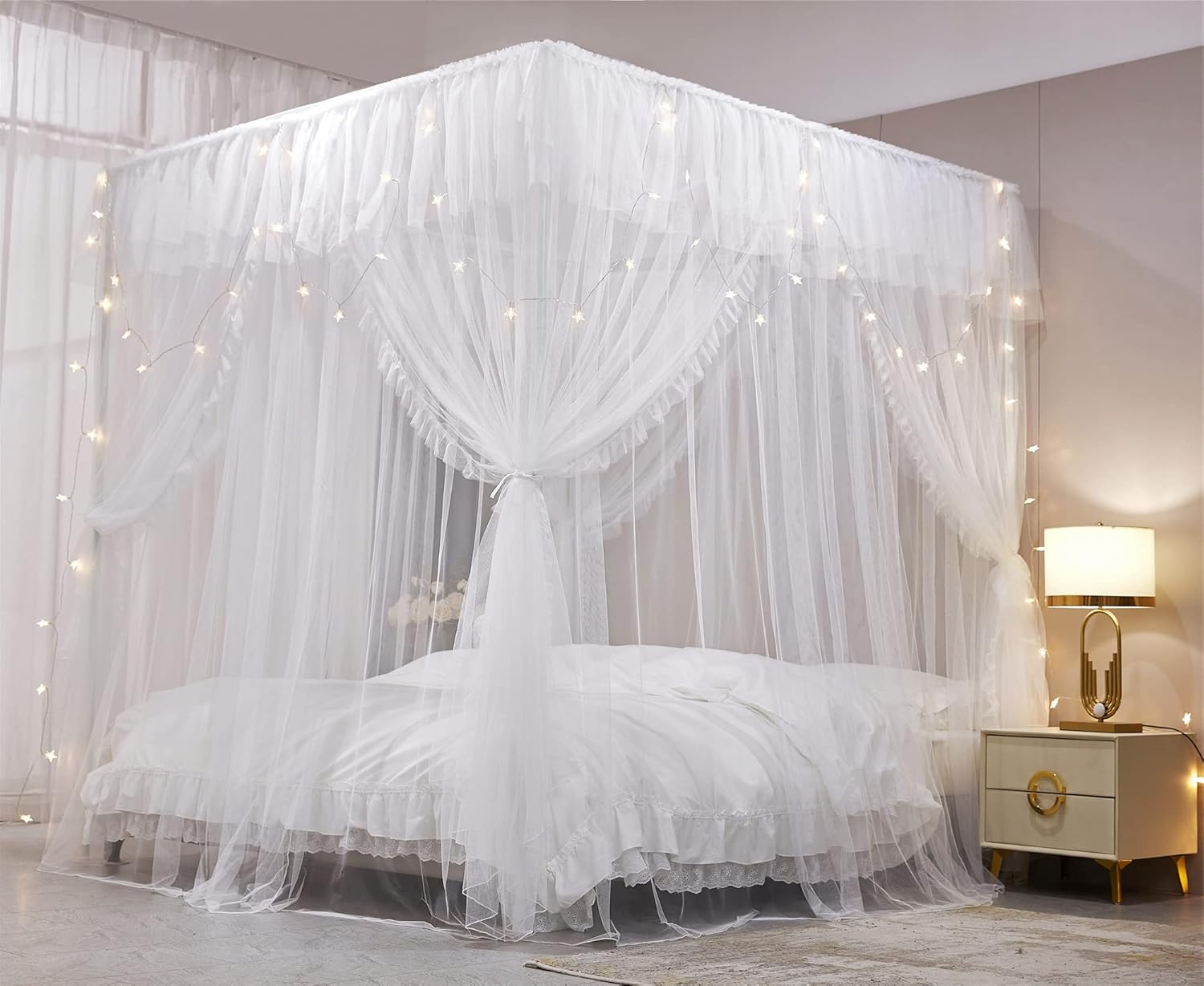 VETHIN Cortina de cama de princesa con volantes de 4 esquinas, doble capa, acogedora red mosquitera de 4 aperturas para niñas y adultos, decoración