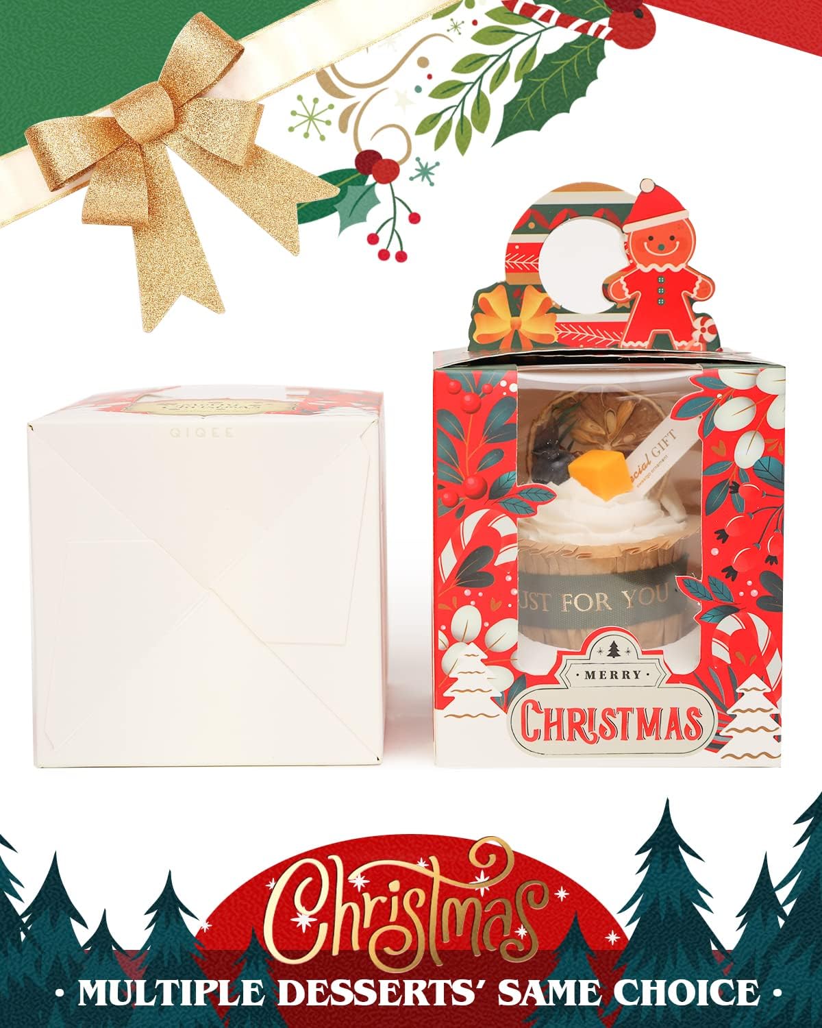 qiqee Cajas individuales de cupcakes de Navidad, 50 unidades, cajas de magdalenas individuales con ventana 3.7 “3.7” x 4.5 ” caja de magdalenas para