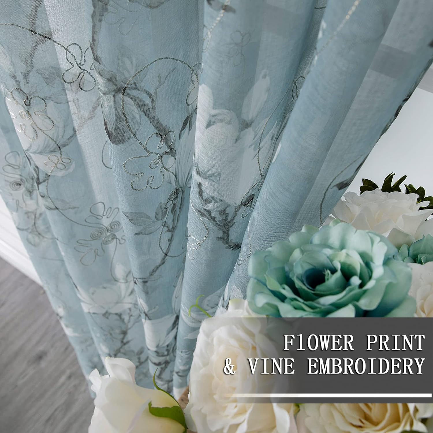 Tollpiz – Cortinas de gasa con estampado de flores y bordado de enredadera, con bolsa para barra, cortinas Voile para ventana, para sala de estar,