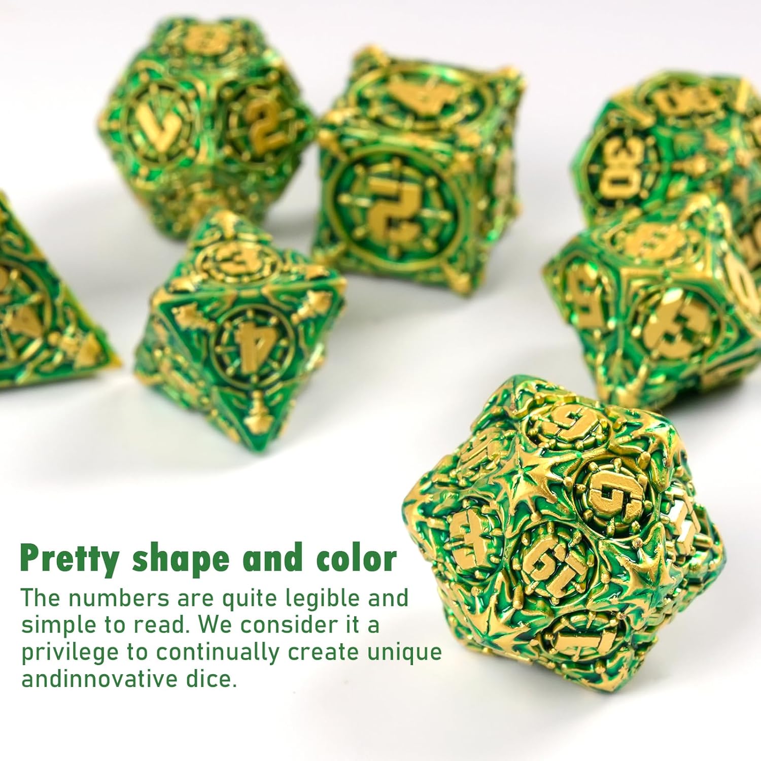 GU BEI TE Metal DND Dice Set with Box, Colorful DND Pirate Dice 7-Piece for RPG D&D Dungeons and Dragons GiftsGold Green