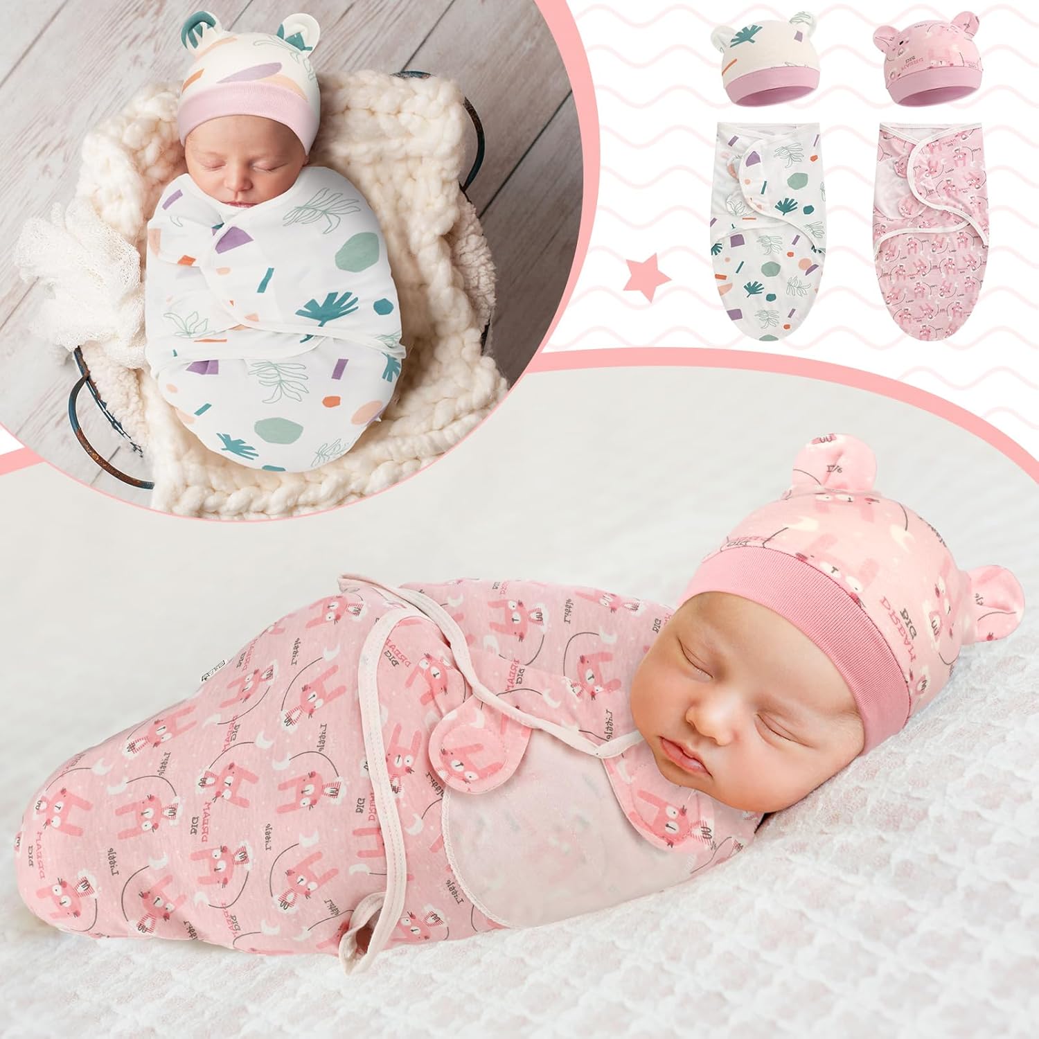 Buryeah Paquete de 4 mantas para bebé prematuro con gorro para bebés niños y niñas de 3 a 7 libras, ropa para recién nacidos, gorro para dormir,