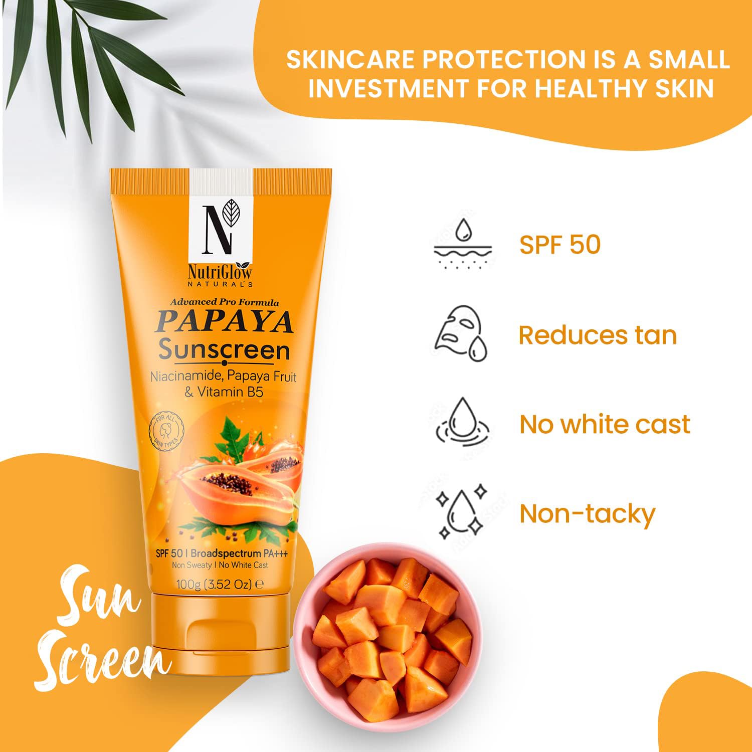NutriGlow NATURAL’S Advanced Pro Formula Papaya Protector solar SPF 50, sin fundición blanca, ligero para pieles grasas y secas, 3.5 onzas