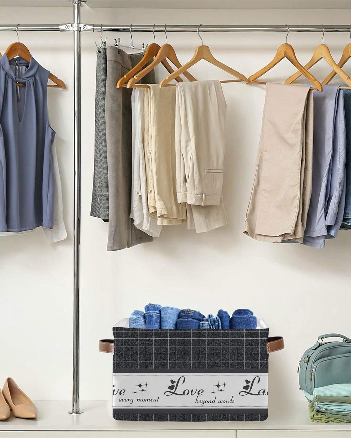 Live Love Laugh – Cesta de almacenamiento gris para organizar estantes, cajas de almacenamiento plegables con asa, arte de pared a cuadros grises