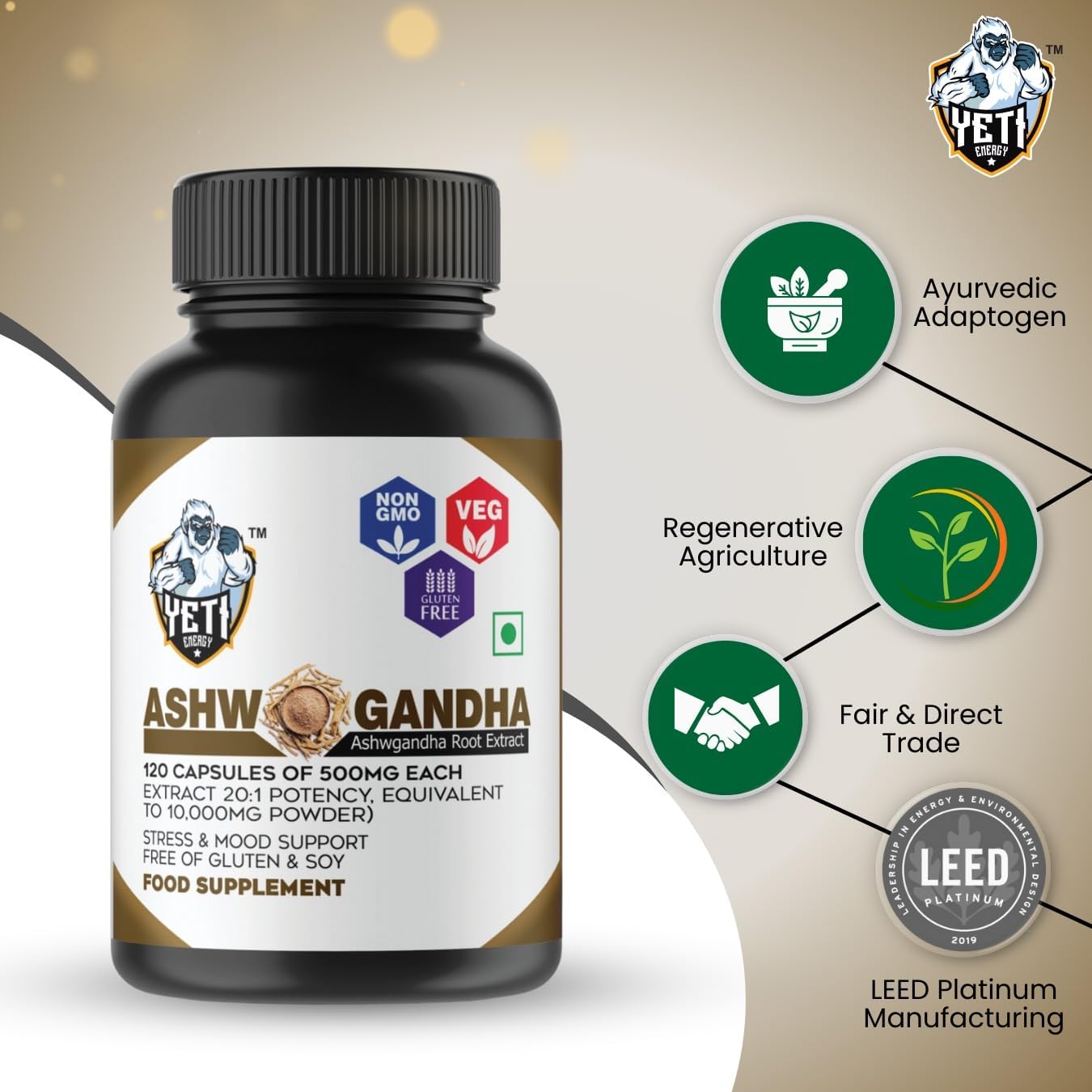 Ashwagandha orgánica 500 mg  120 cápsulas veganas extracto de raíz de Ashwagandha orgánico puro  Alivio del estrés, potenciador del estado de ánimo
