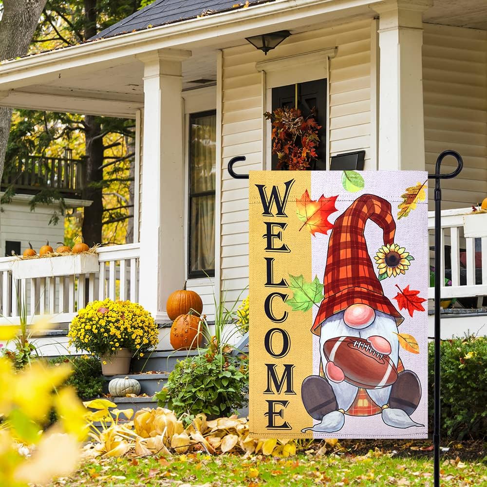 Bandera de jardín de bienvenida de otoño, 12.5 x 18 pulgadas, vertical, de doble cara, gnomo a cuadros con soporte de fútbol, decoración de otoño