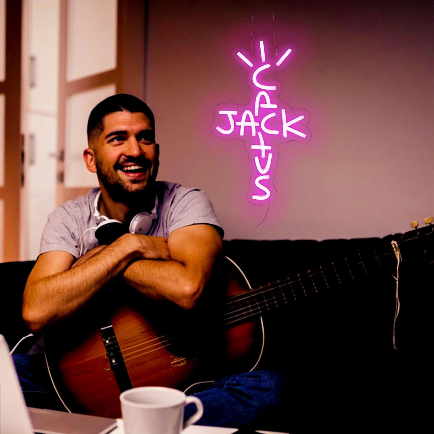 Jesalah Letrero de neón con diseño de cactus Jack con palabras rosadas, arte de luz de neón para rap, hablar, costa oeste, letrero colgante para