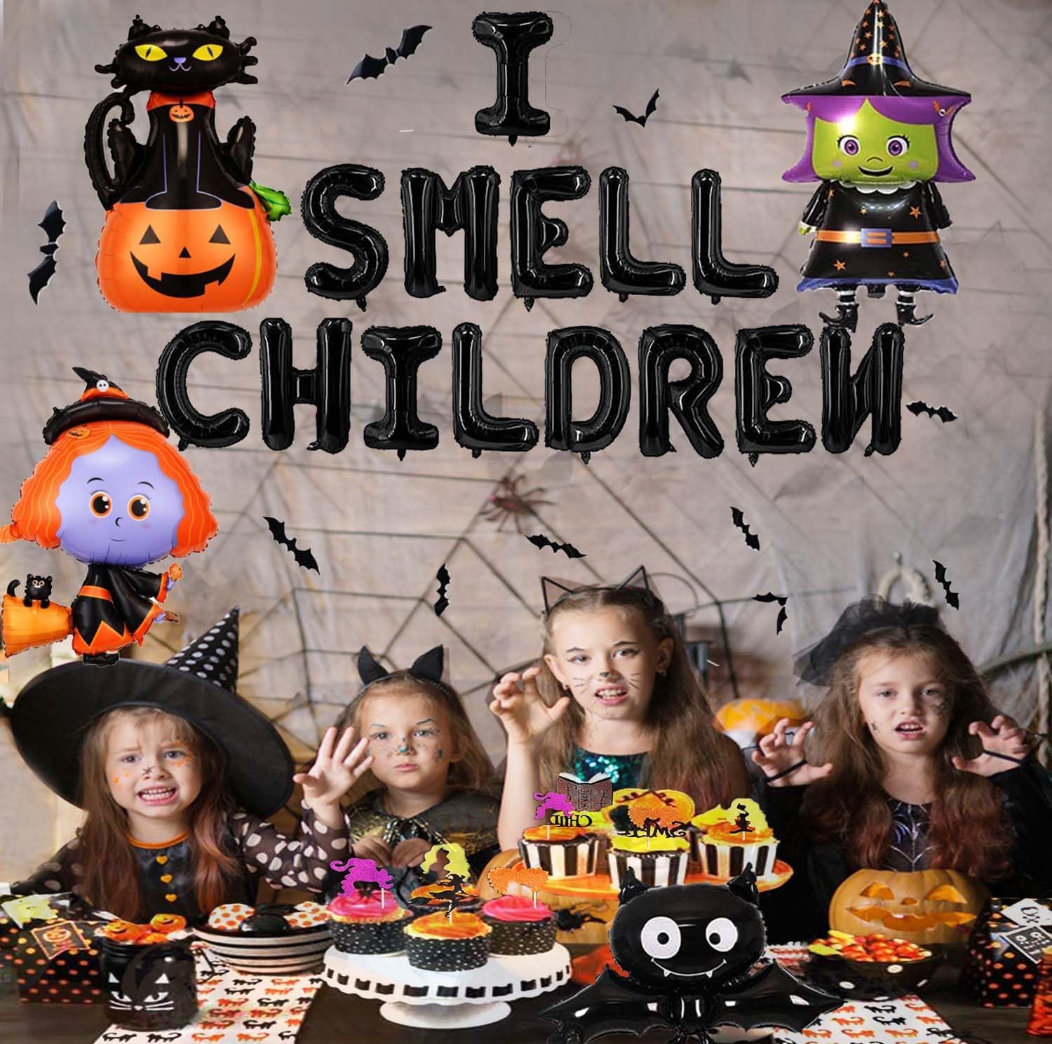 Cartel de globos con texto en inglés “I Smell Children”, decoración de fiesta de bruja de Halloween con I Smell Children Balloons Black Cat Witches