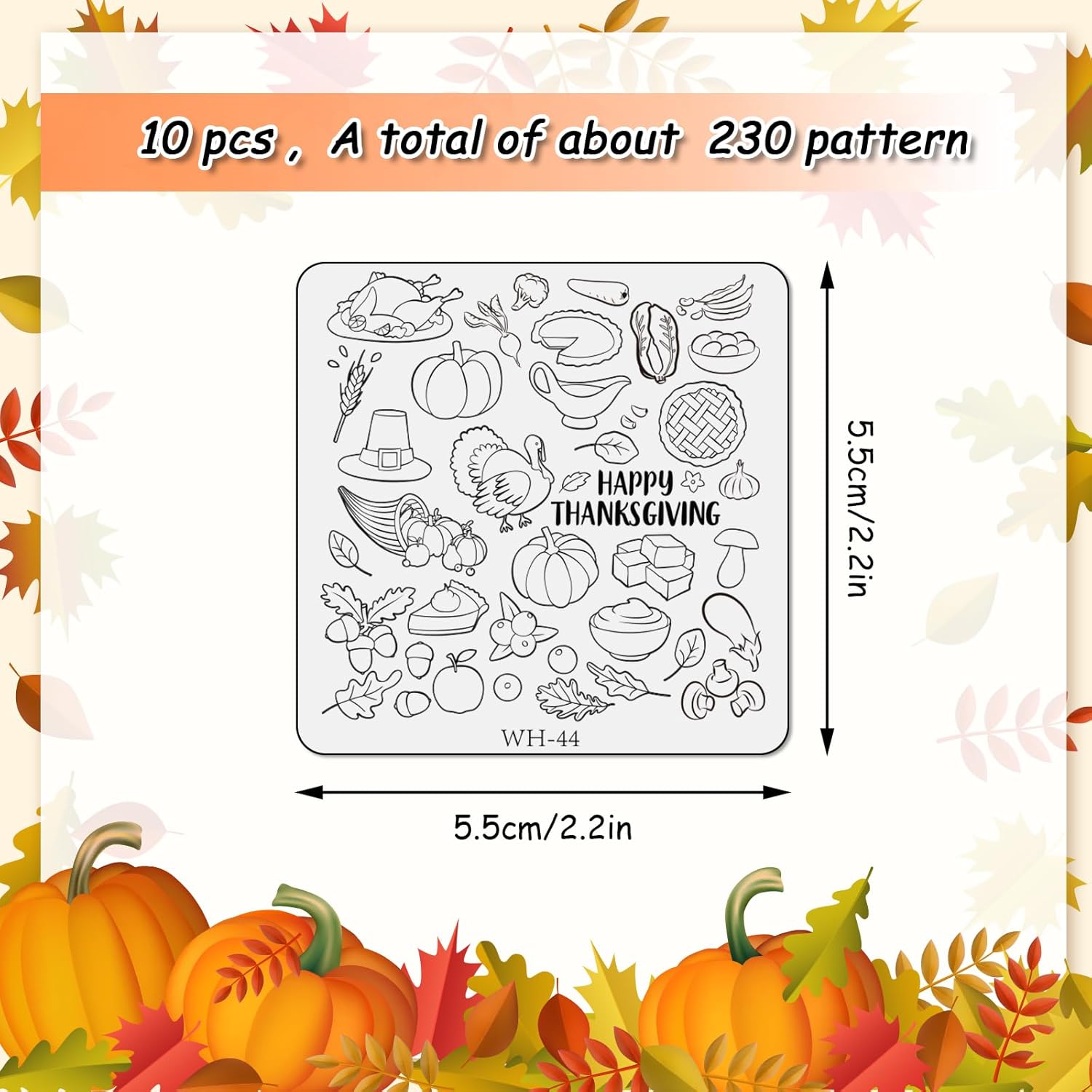 Whaline Kit de 10 hojas de placas de estampado de arte de uñas de otoño, calabazas de Feliz Acción de Gracias, gnomo de hoja de arce, a cuadros,