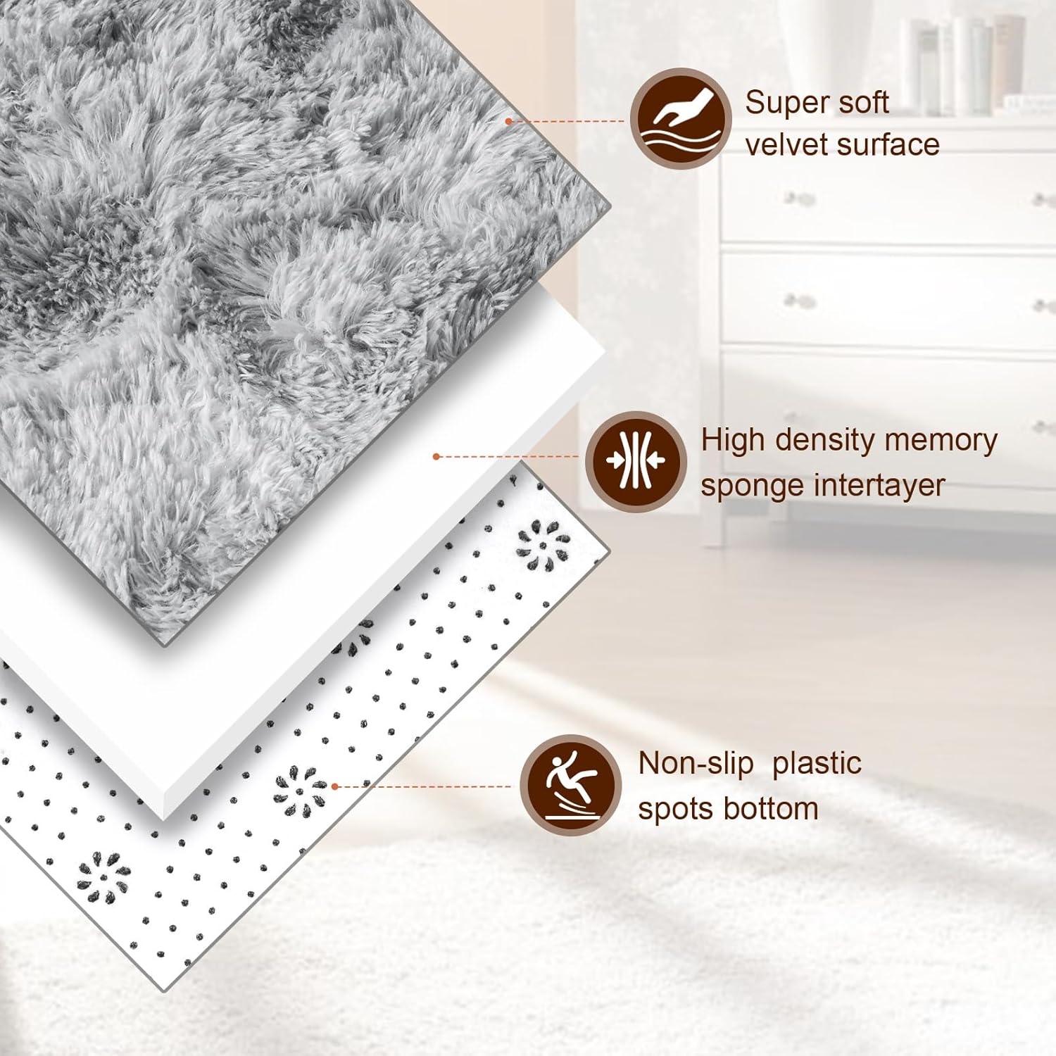 TWINNIS Alfombras grandes de pelo largo de 4 x 6 pulgadas para sala de estar, dormitorio, teñido anudado gris claro, alfombras de felpa súper suaves