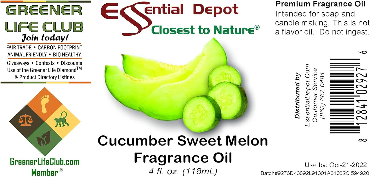 Aceite de fragancia de melón dulce de pepino, 4 onzas, suministrado en botella de vidrio ámbar de 4 onzas con forro de cono fenólico negro y tapa