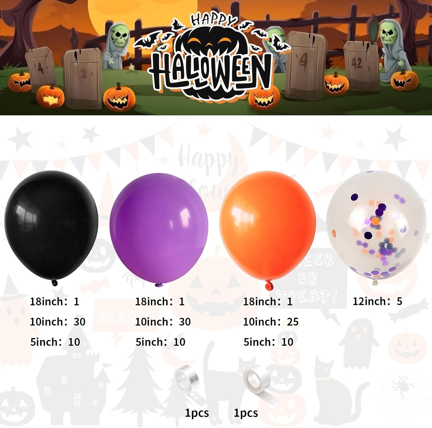Kit de arco de globos de color negro, morado, naranja, naranja, morado, negro, guirnalda de globos de látex de confeti, globos de helio naranja,