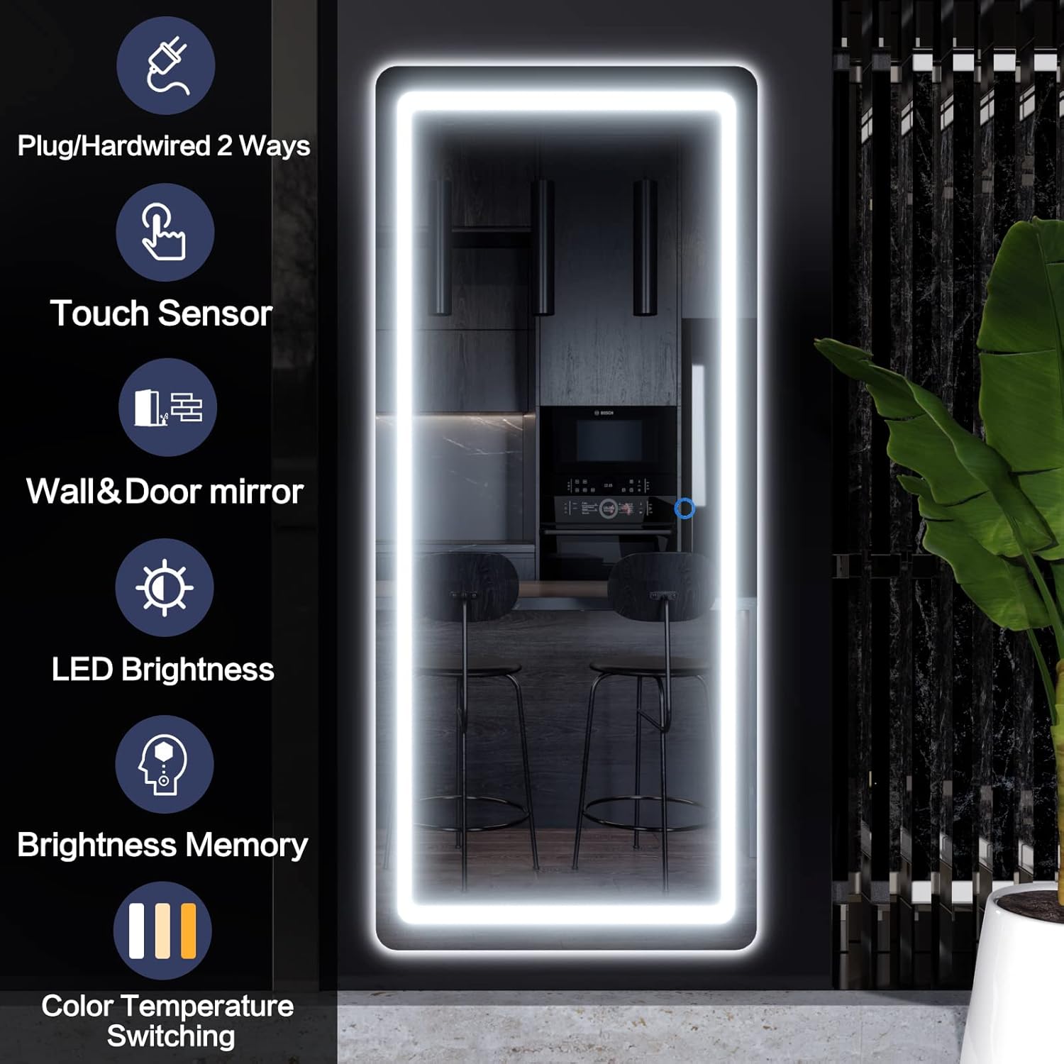 Biyatuos Espejo de pared con luz LED de 40 x 16 pulgadas, espejo de longitud completa con luces, espejo para colgar sobre la puerta, espejo para