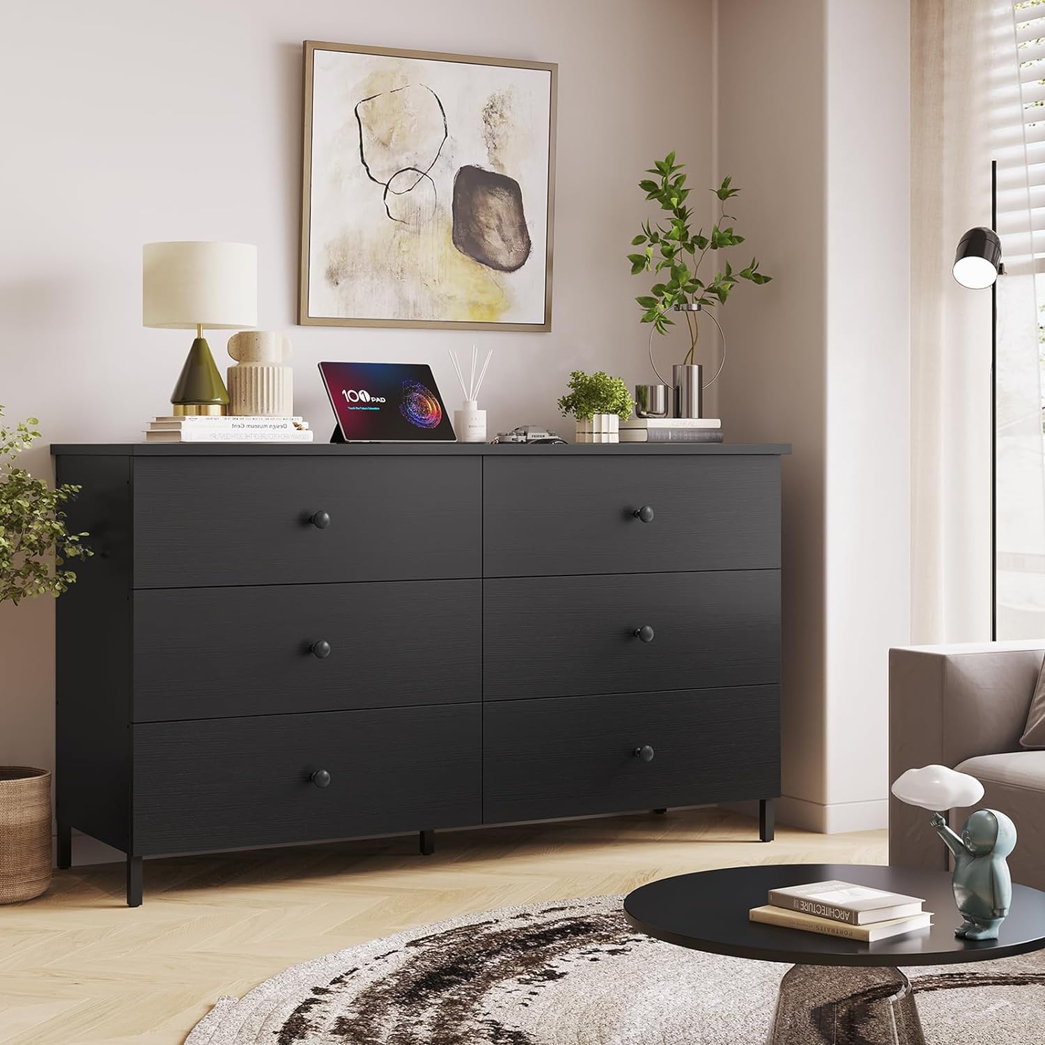 Hasuit Cómoda doble de 6 cajones, cómoda de madera con marco de acero resistente y resistente, cómoda de almacenamiento de gran capacidad, cómoda