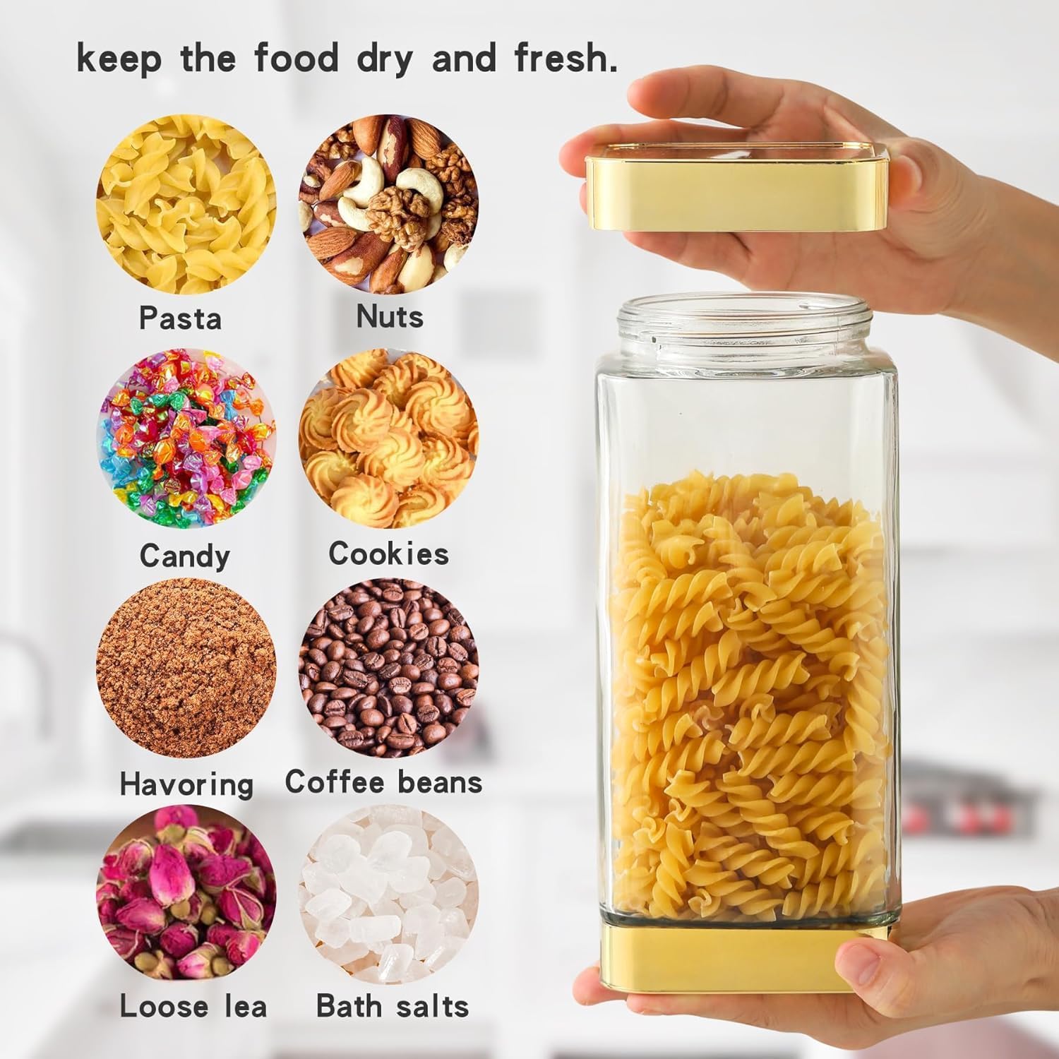 Tarros de almacenamiento de vidrio, recipientes grandes de vidrio de cocina con tapas herméticas, para café, pasta, té, aperitivos, nueces,