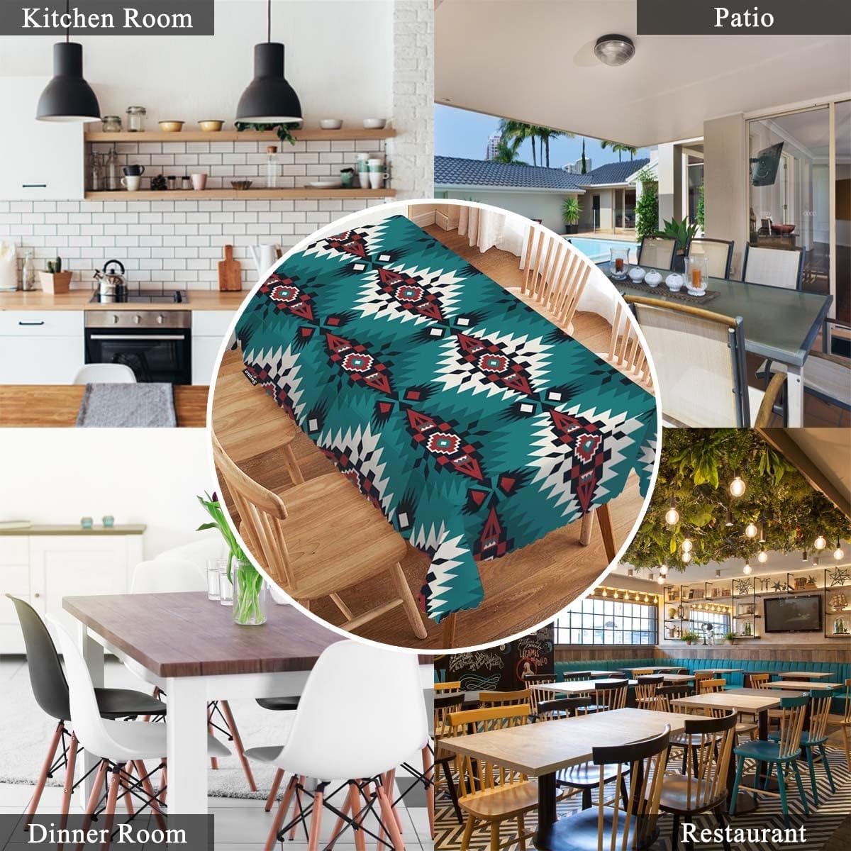 Swono Mantel decorativo con patrón azteca, estilo nativo étnico, bohemio, geométrico verde, para cocina, banquete de fiesta y vacaciones, 52 x 70
