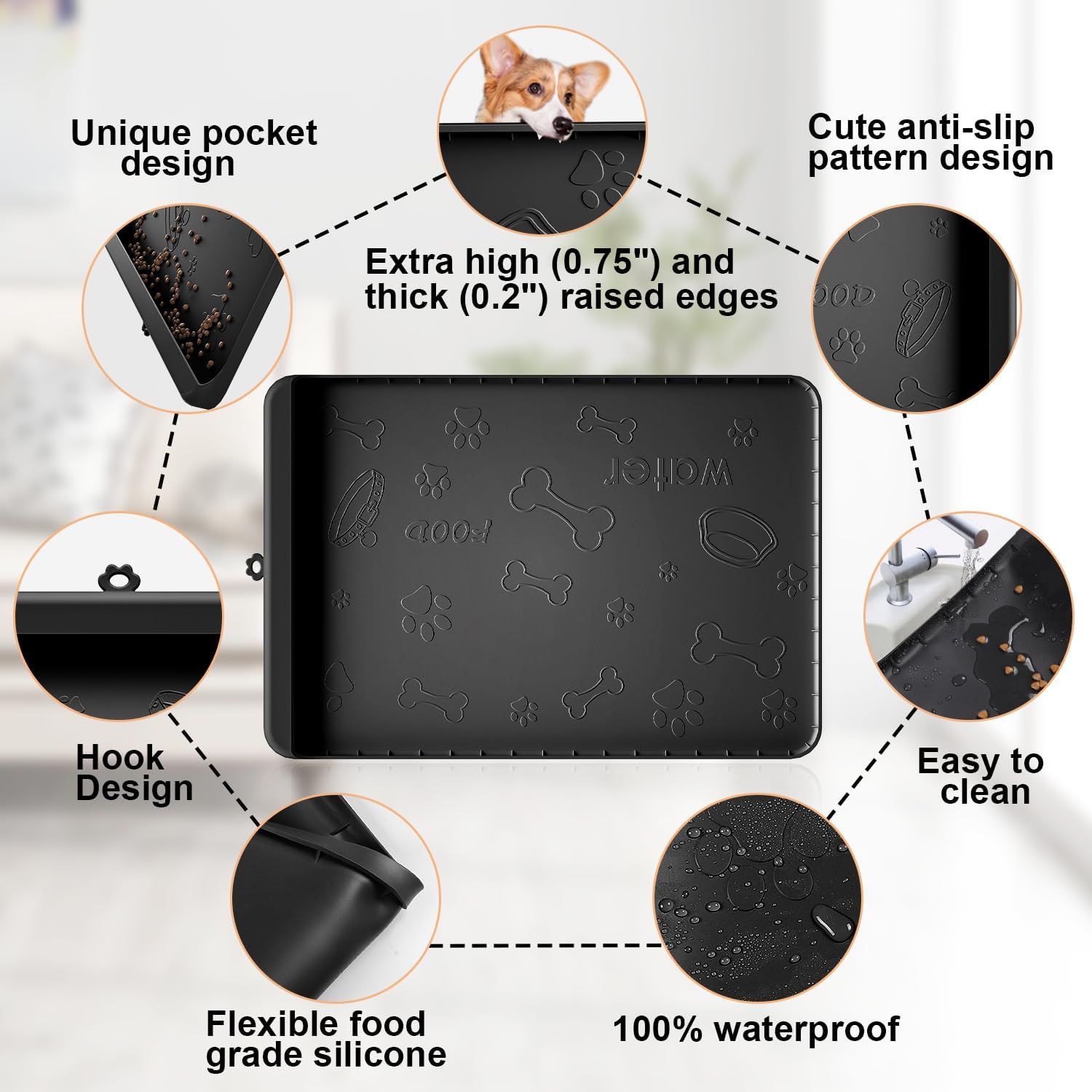 Tapete de silicona para comida y agua para perros de 28 x 20 pulgadas con bolsillo para recolección de residuos, tapete impermeable para cuenco de