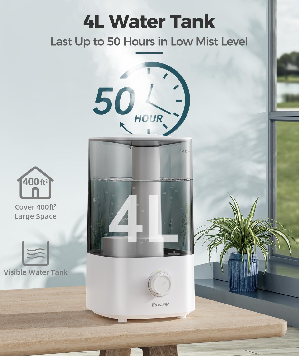 BREEZOME Humidificadores de 4 litros para dormitorio, humidificadores ultrasónicos de niebla fría de llenado superior para bebé, plantas, guardería,