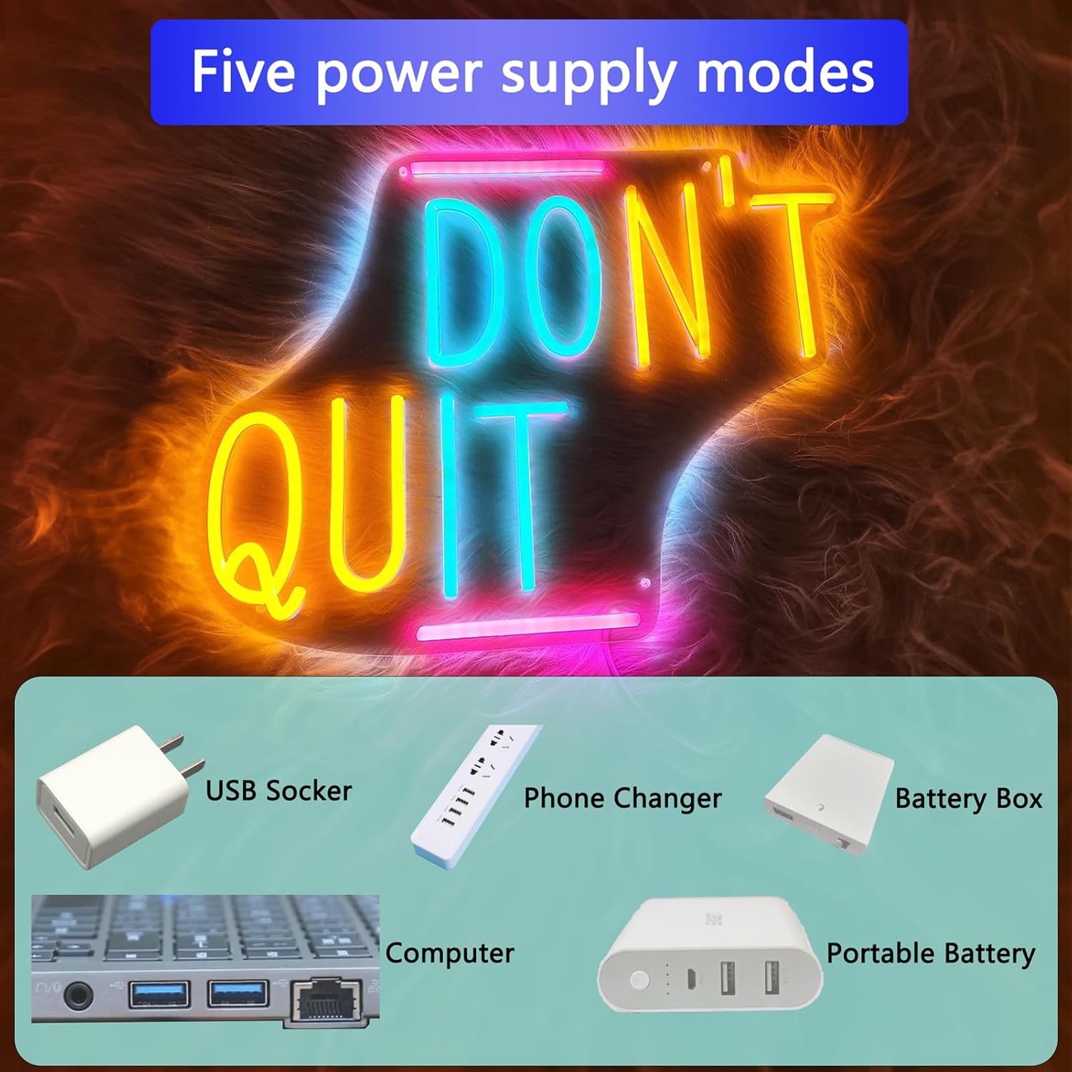 Letrero LED de neón con texto en inglés “Don’t Quit”, fuente de alimentación USB con interruptor de ajuste continuo, luces de neón, decoración de