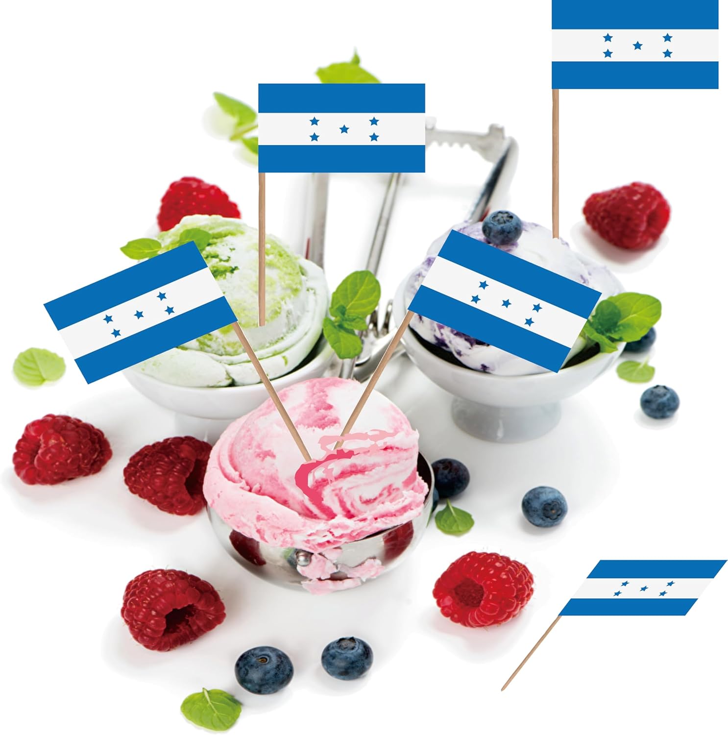 Bandera de Honduras con palillo de dientes hondureño, pequeño, para cóctel, fruta, cupcakes, decoración de palitos de alimentos, paquete de 100