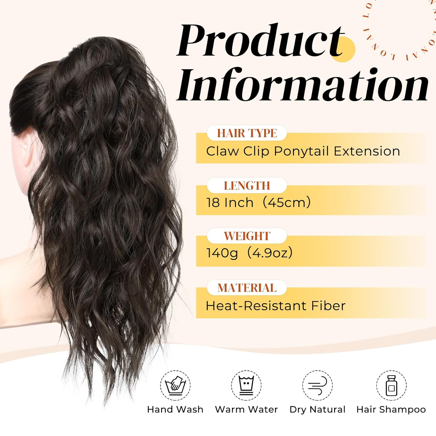 LONAI Extensión de cola de caballo, extensiones de cola de caballo de 18 pulgadas con clip de garra ondulada ZJ001, longitud al hombro, extensiones
