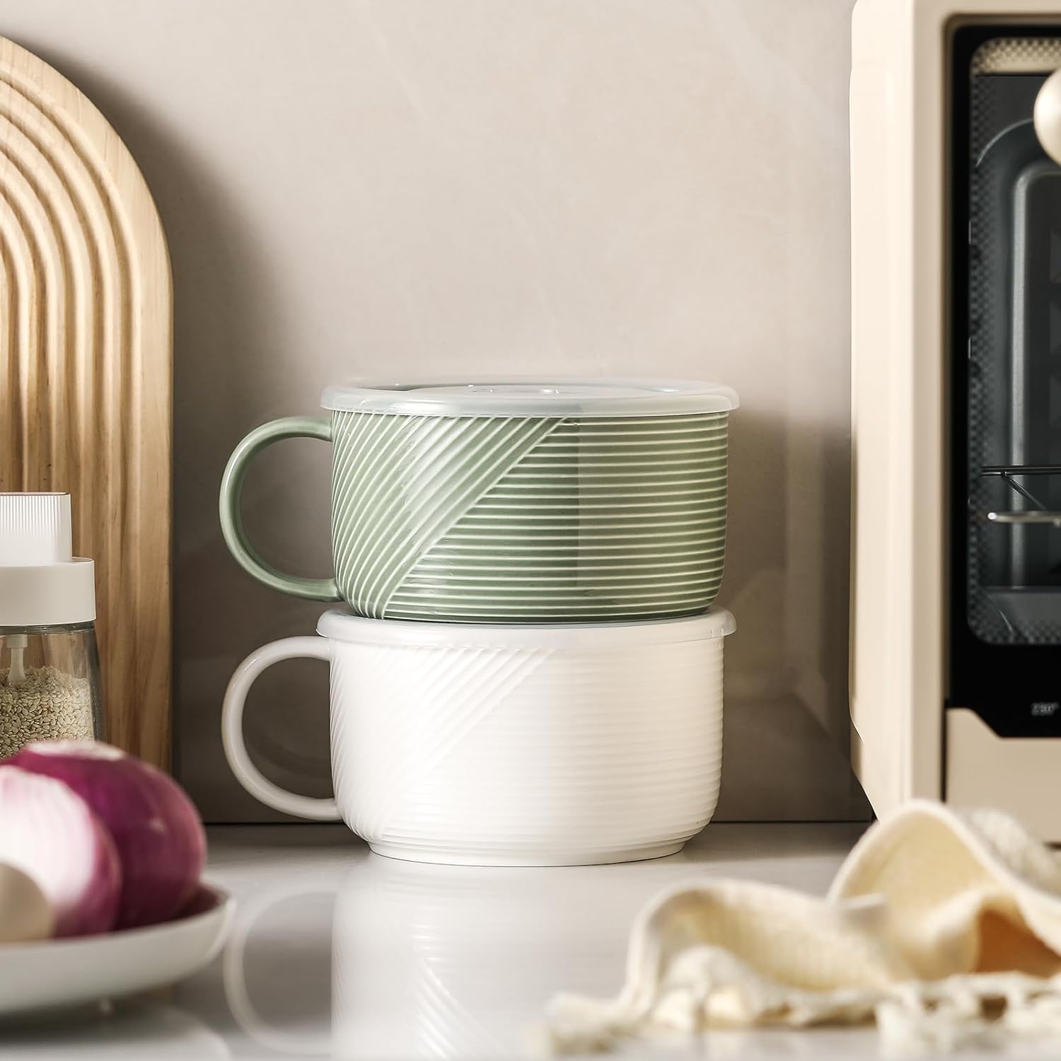 Adewnest Tazón de sopa de gran tamaño con asa cuenco de cerámica para ramen de 38 onzas con tapa, apto para microondas con asa, taza de sopa