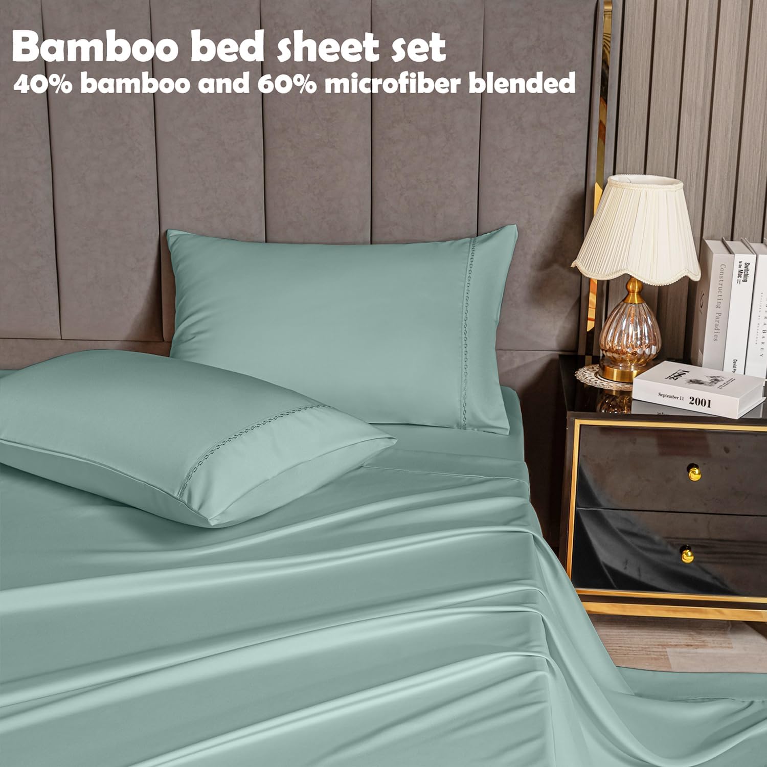 MCO Bedding Queen Bed Sheets Set – Rayon Derived from Bamboo Sheets – Cooling Breathable Bedding Set with 16″ Deep Pocket (4 Pieces, Queen, Light