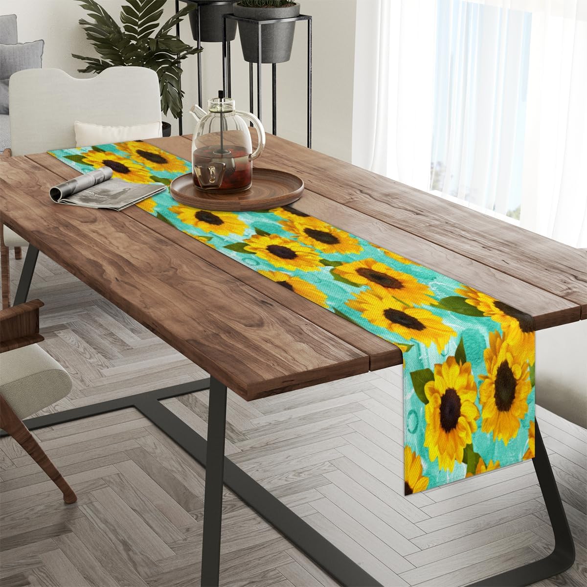 Table Runner Summer Sunflower Oil Painting, Autumn Rustic Linen Table Cloth Kitchen Dining Table Decor for Home Party 13 x 72 Inches