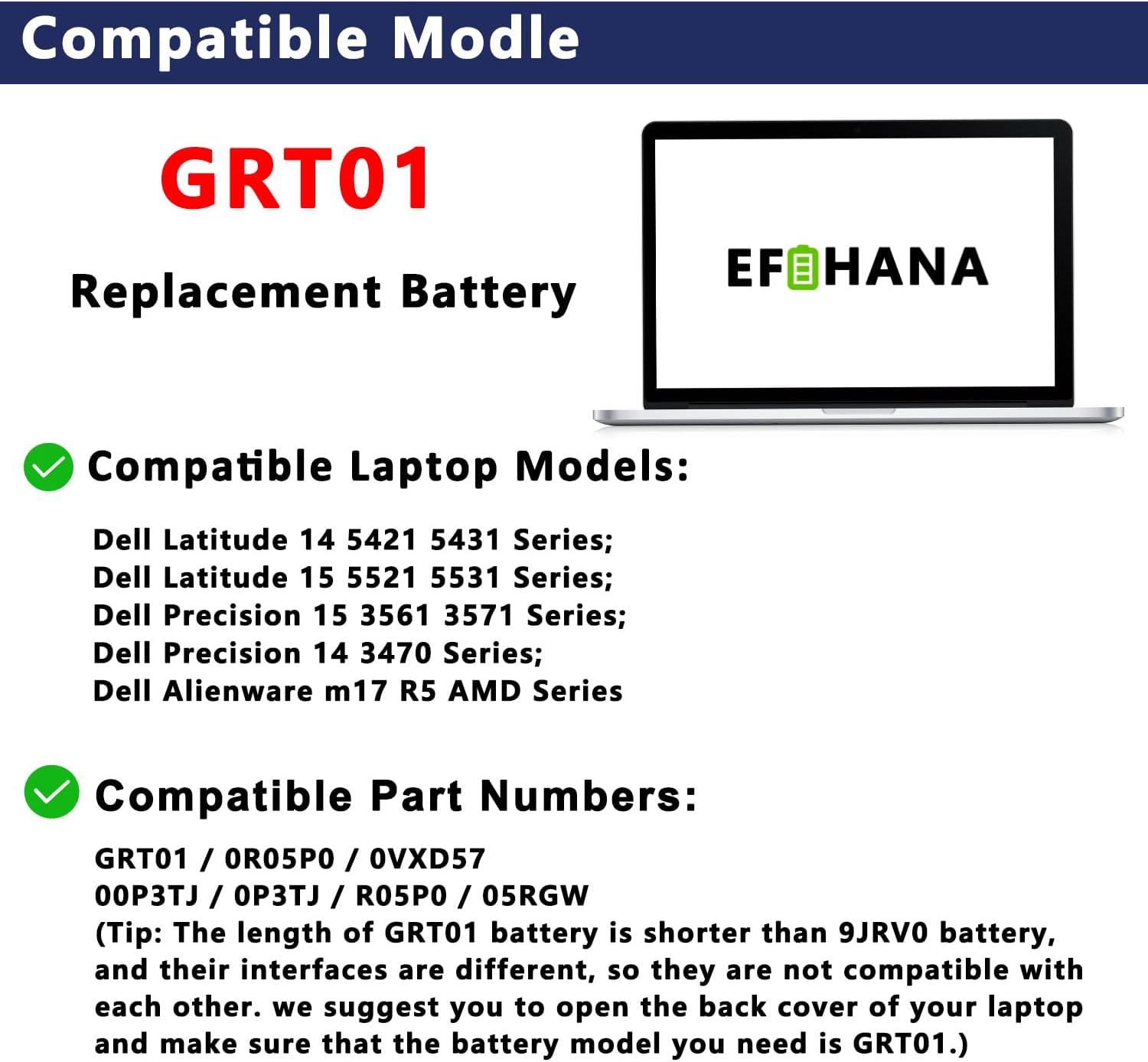 GRT01 64Wh – Batería de repuesto para laptop Dell Latitude 14 5421 5431 15 5521 5531 Precision 3470 3561 3571 Alienware m17 R5 AMD Series R05P0