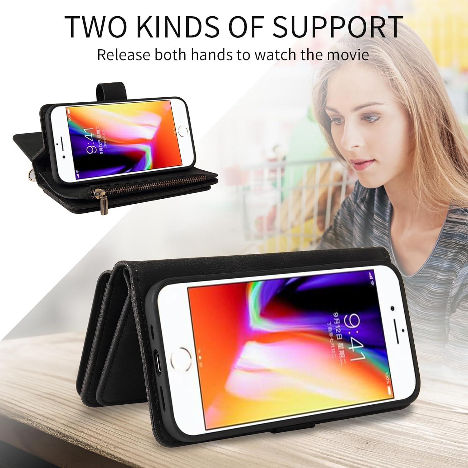 Asuwish Funda de teléfono para iPhone 66s78SE 2020 2022 con protector de pantalla de vidrio templado y tarjetero abatible para celular i Six Seven